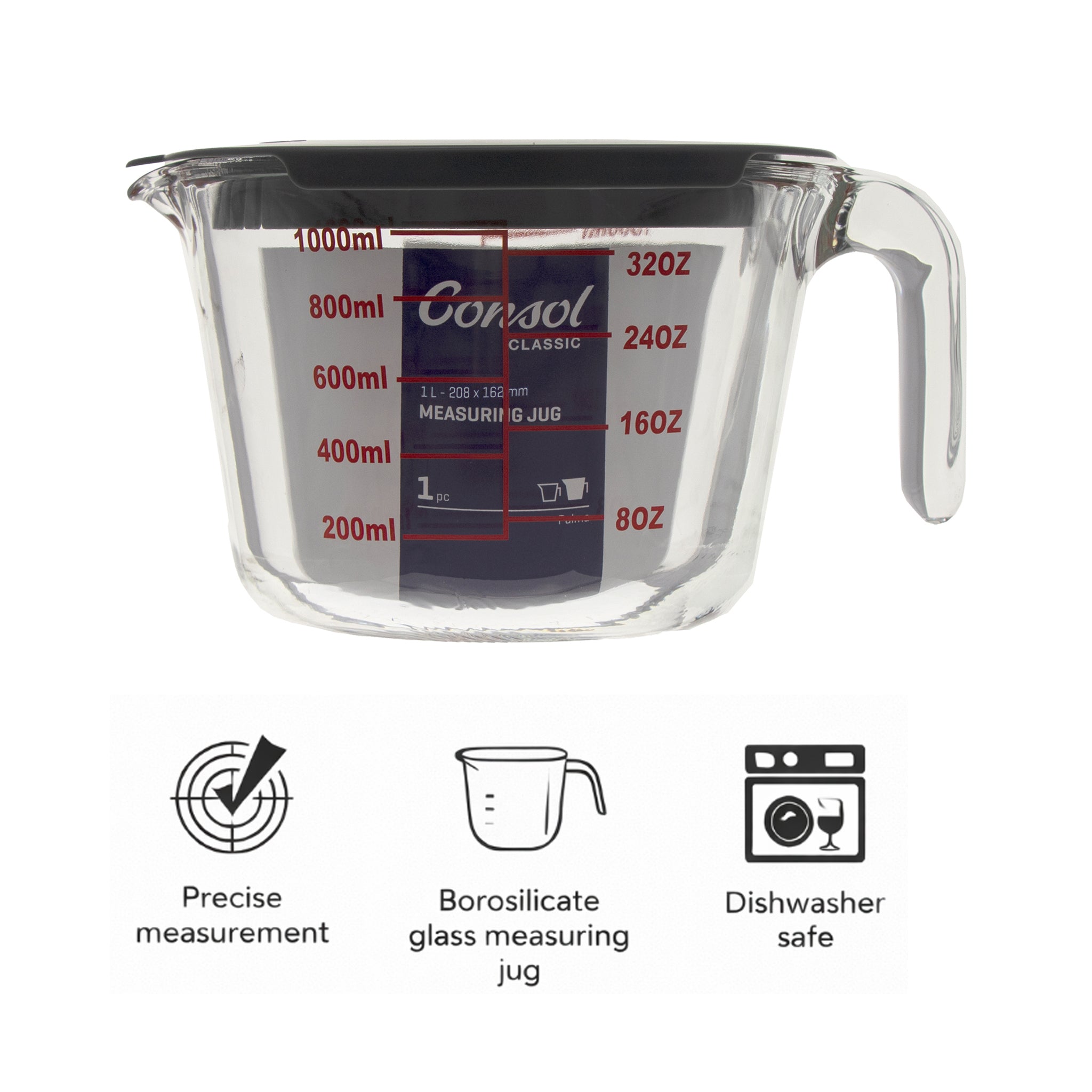 CONSOL PALMA MEASURING JUG BOROSILICATE WITH GREY COVER, 1L