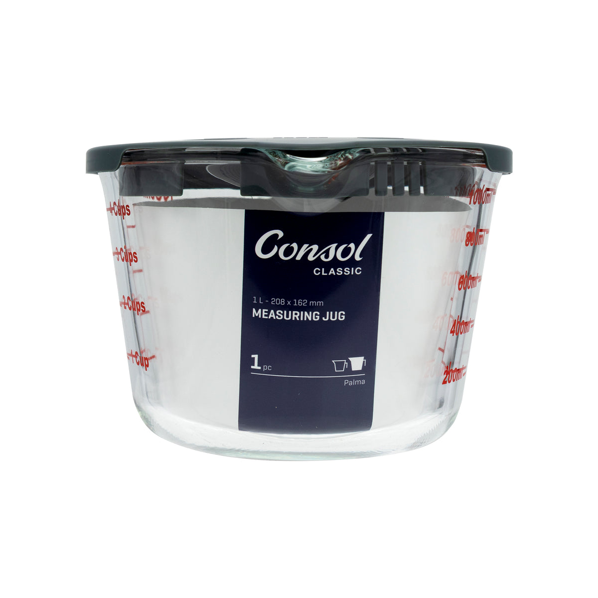 CONSOL PALMA MEASURING JUG BOROSILICATE WITH GREY COVER, 1L
