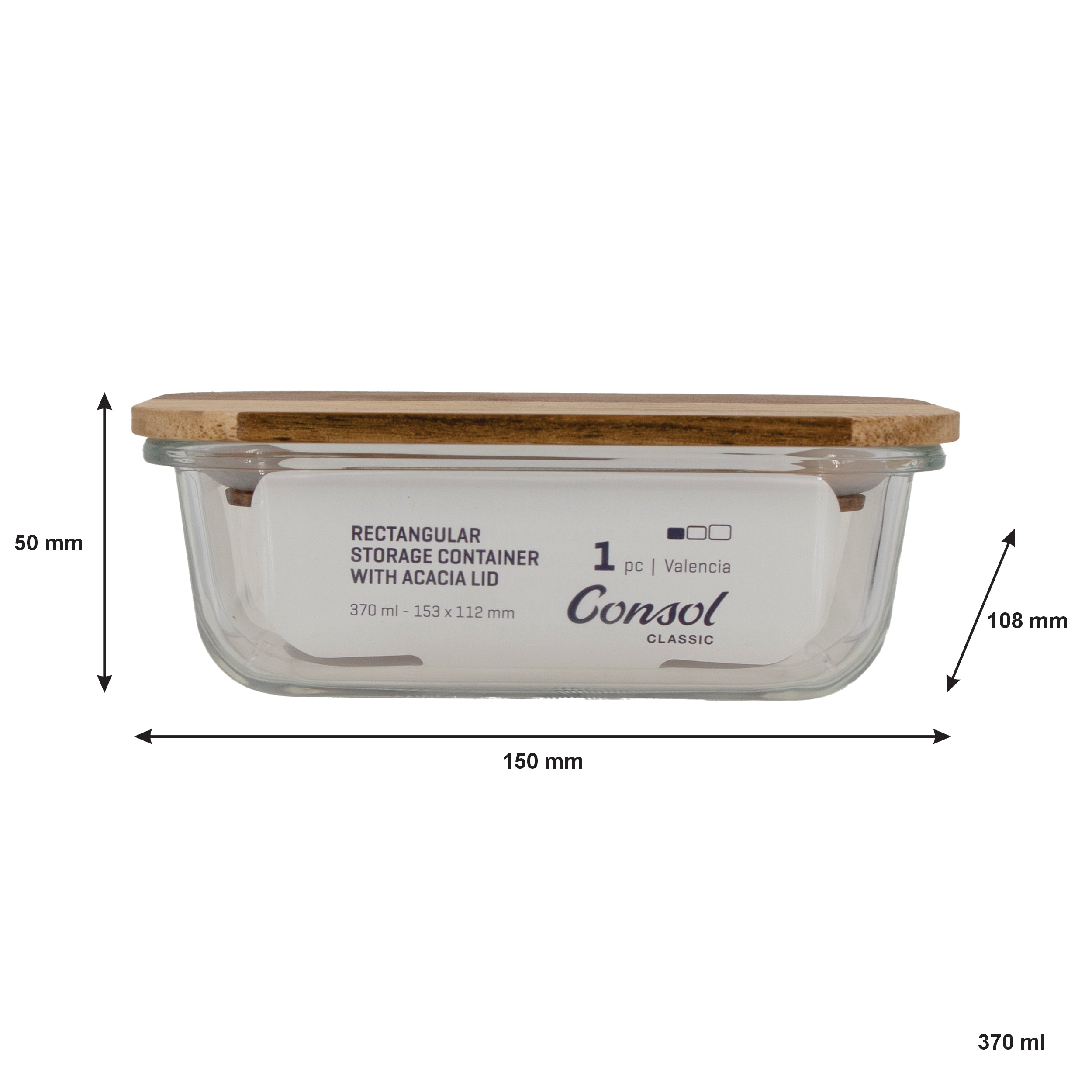 CONSOL VALENCIA RECT. FOOD STORAGE CONTAINER WITH ACACIA LIDS, 370ML