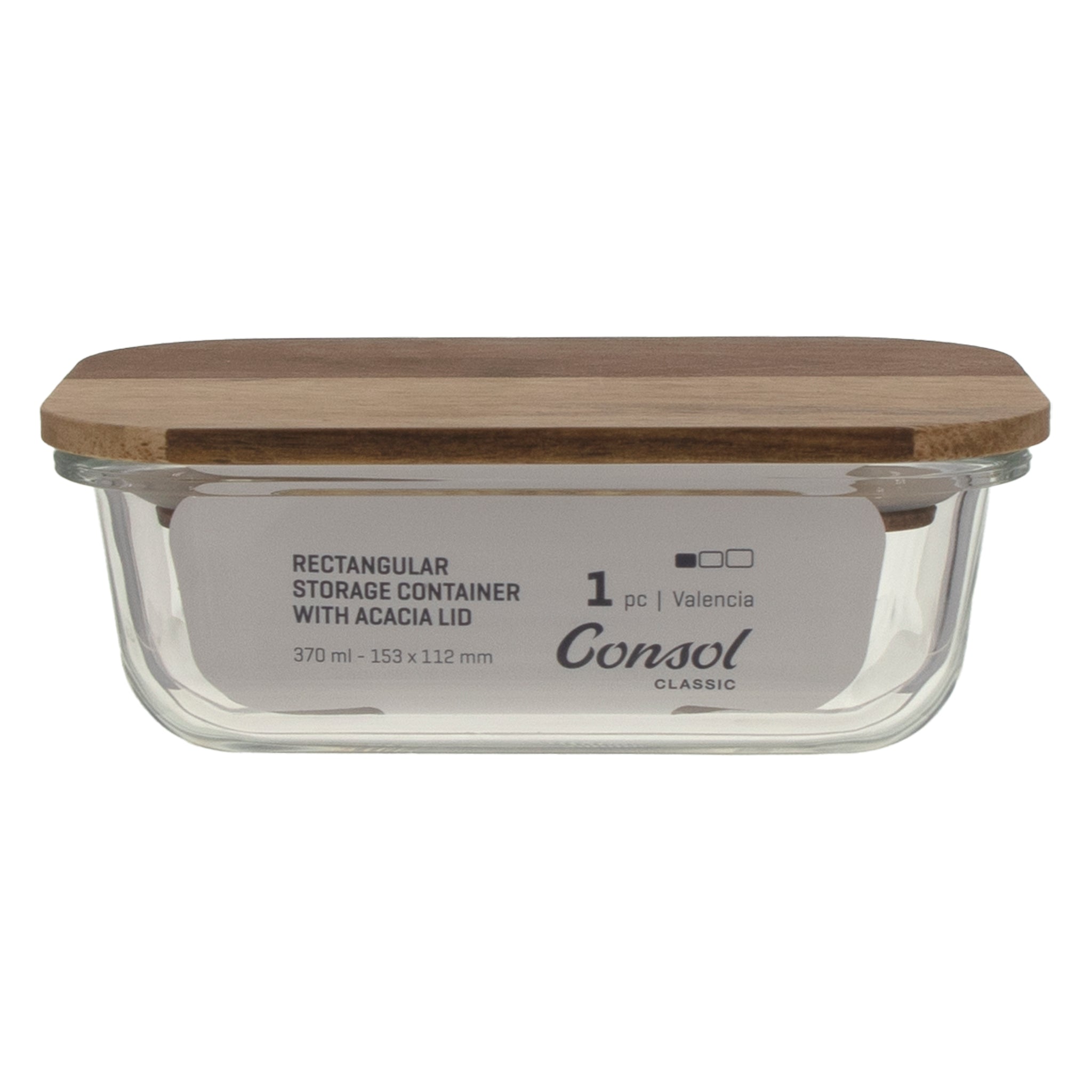 CONSOL VALENCIA RECT. FOOD STORAGE CONTAINER WITH ACACIA LIDS, 370ML