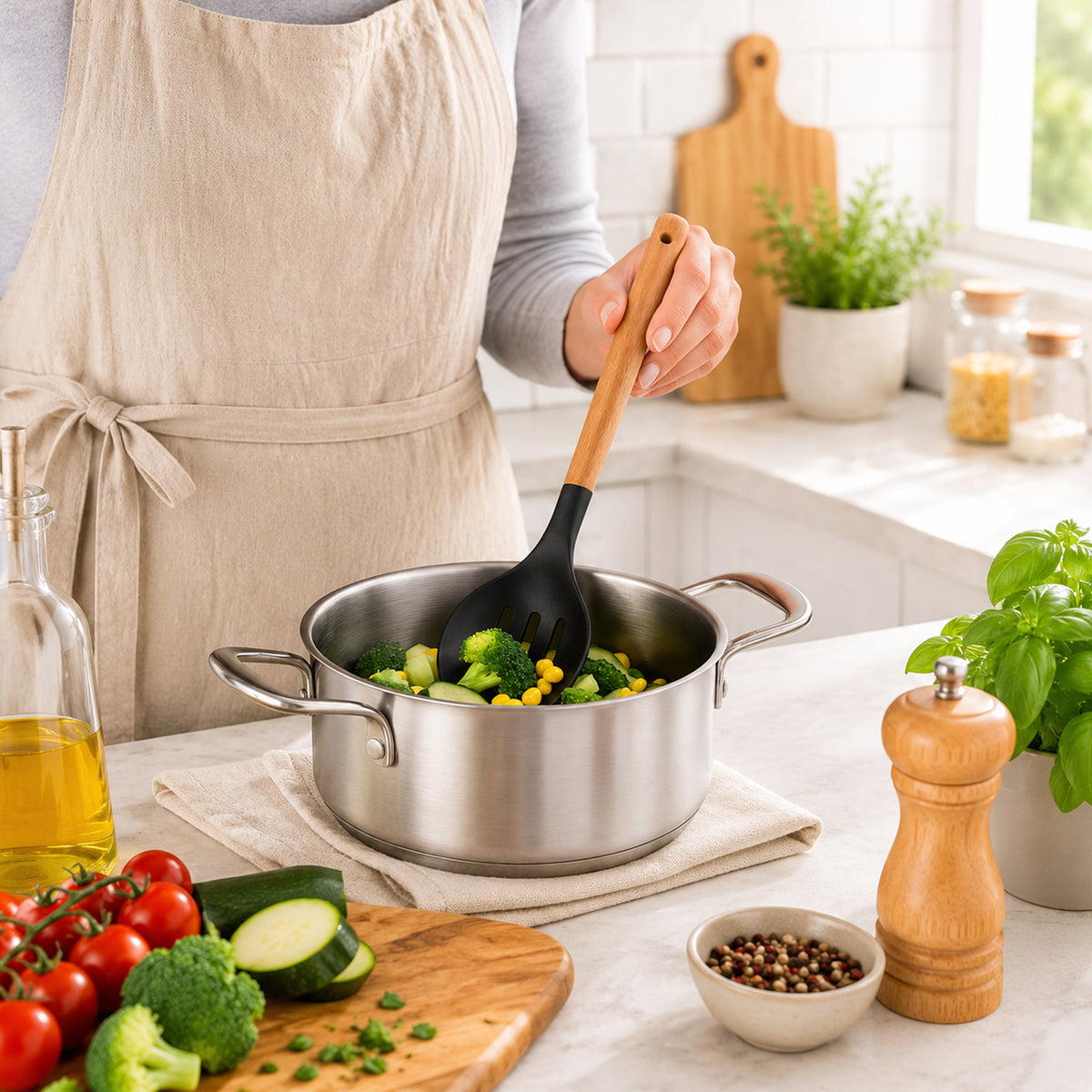 REGENT KITCHEN SLOTTED SPOON BLACK SILICONE WITH WOODEN HANDLE, 340MM