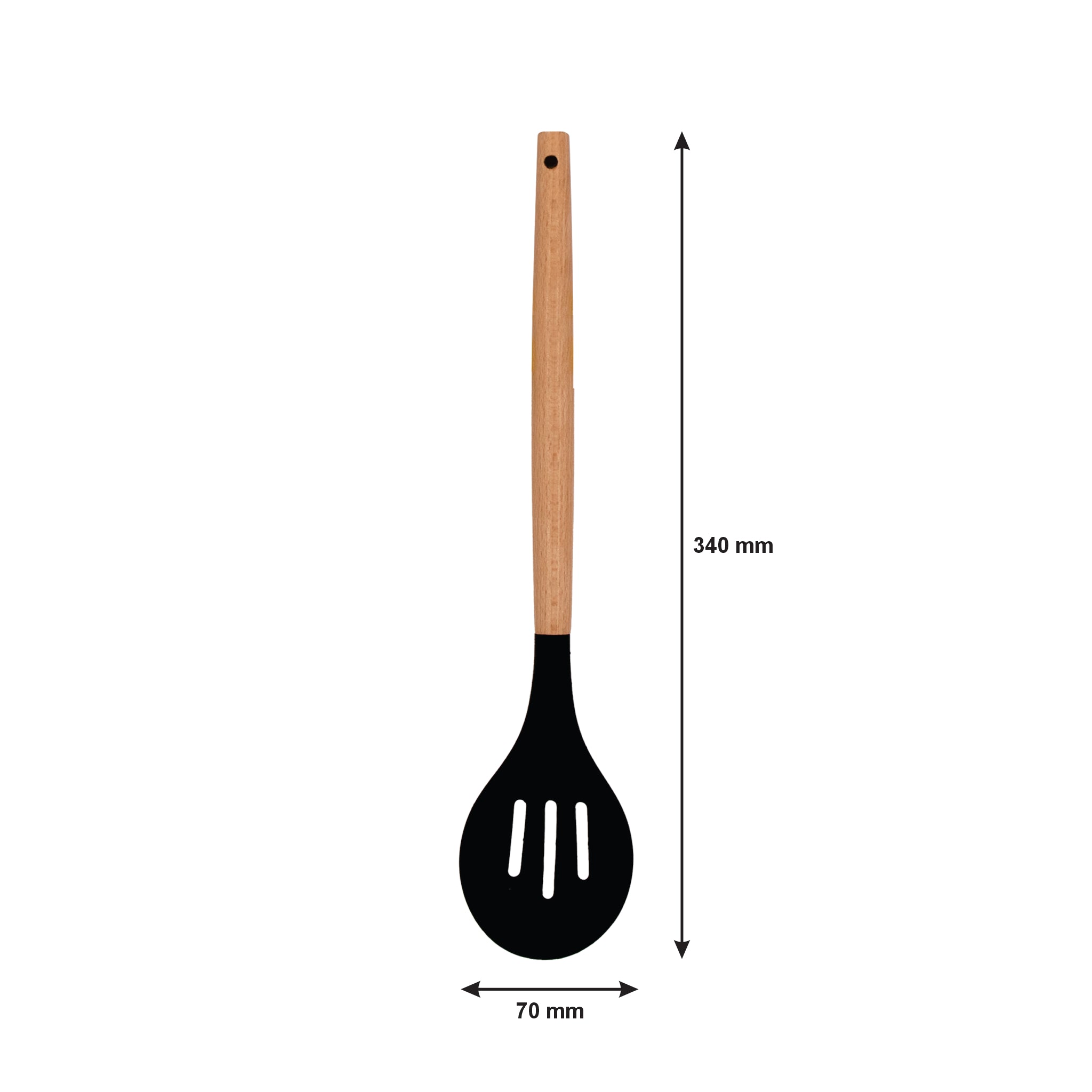 REGENT KITCHEN SLOTTED SPOON BLACK SILICONE WITH WOODEN HANDLE, 340MM