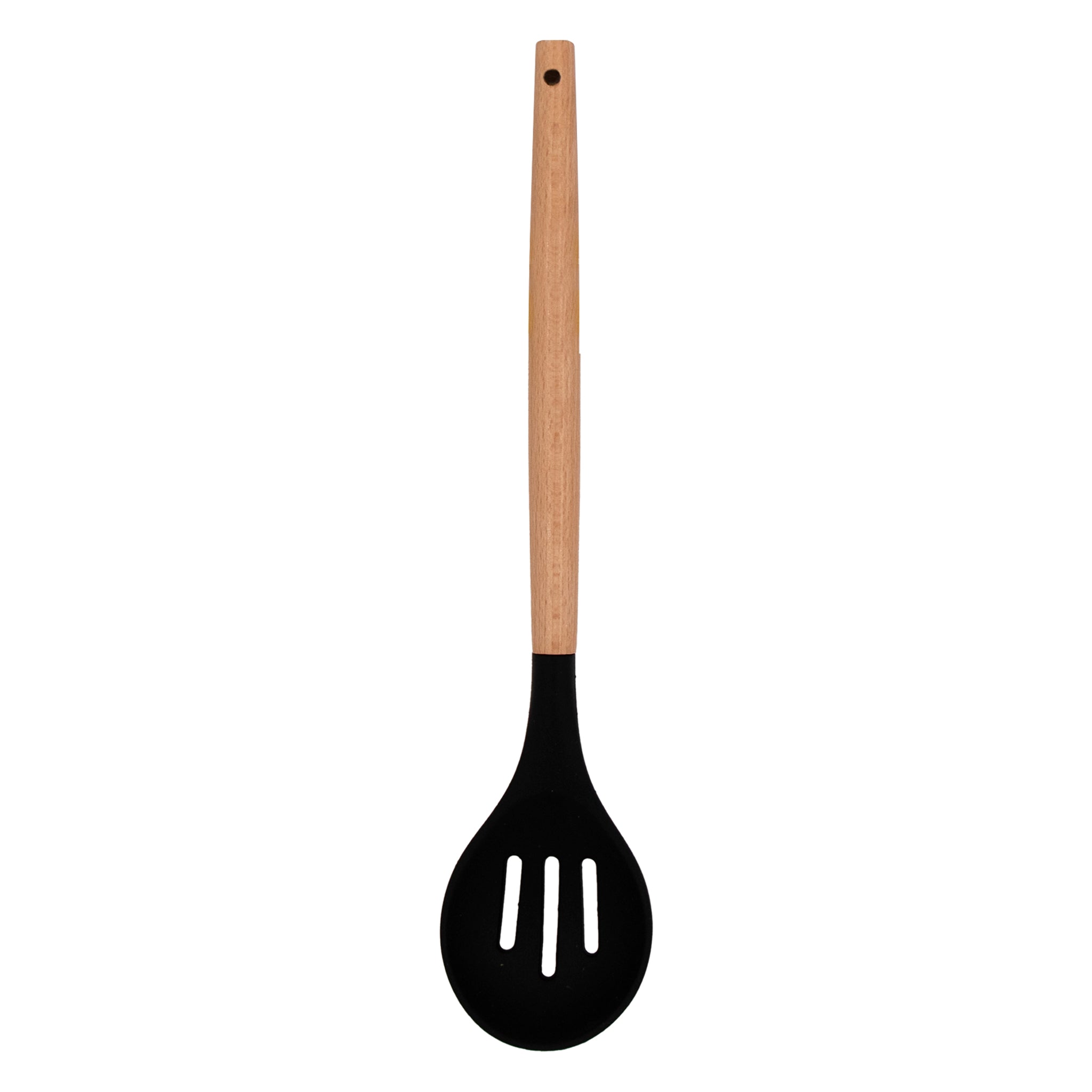 REGENT KITCHEN SLOTTED SPOON BLACK SILICONE WITH WOODEN HANDLE, 340MM