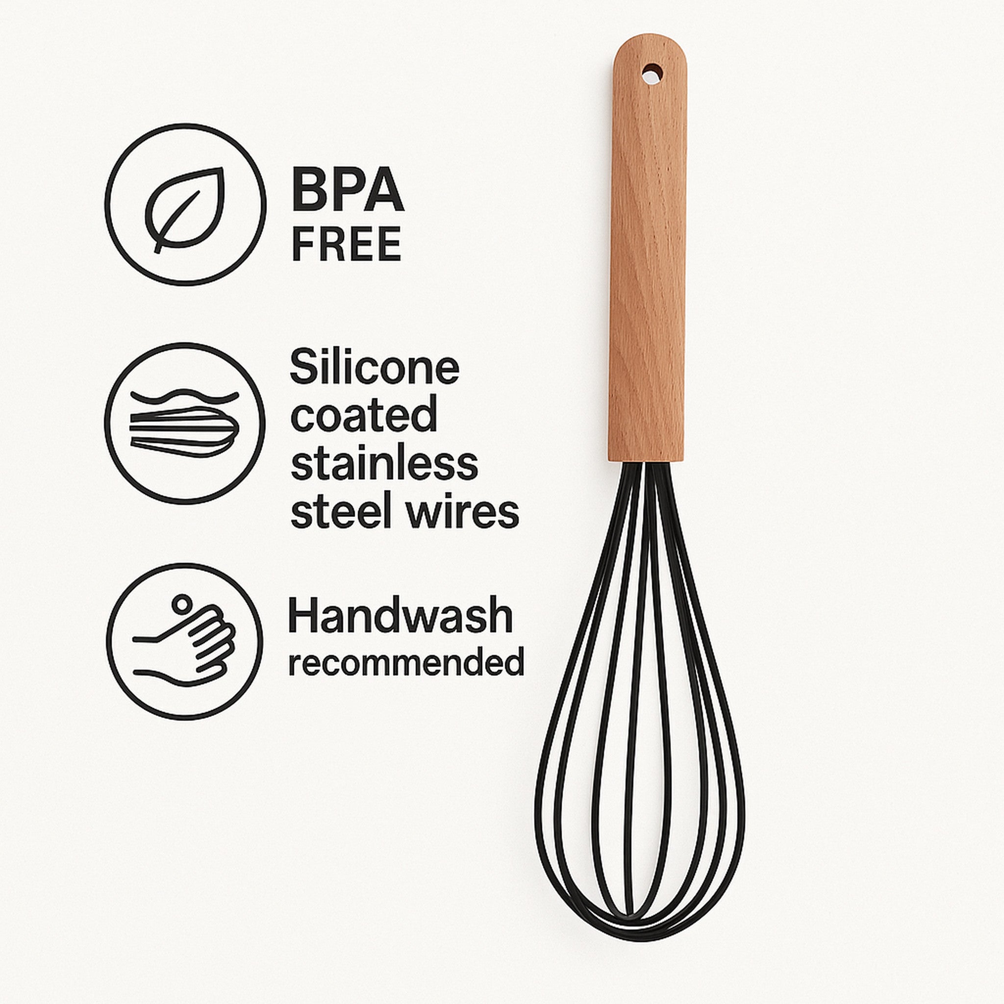 REGENT KITCHEN WHISK BLACK SILICONE COATED WIRE WITH WOODEN HANDLE, 260MM