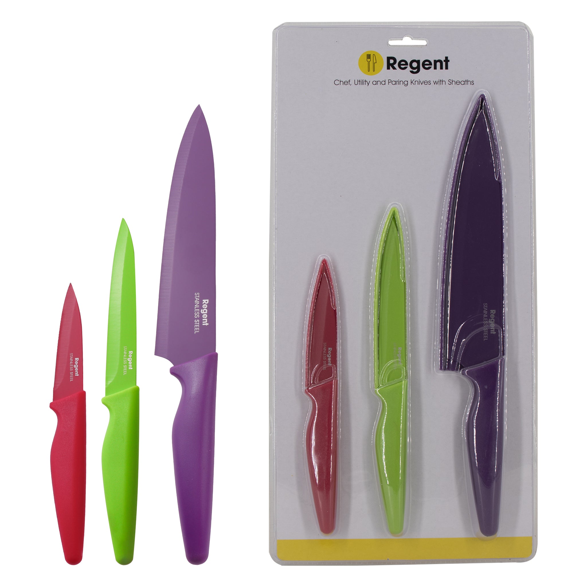 REGENT KITCHEN CHEF, UTILITY, PARING COLOURED KNIVES WITH SHEATHS 3PCS SET