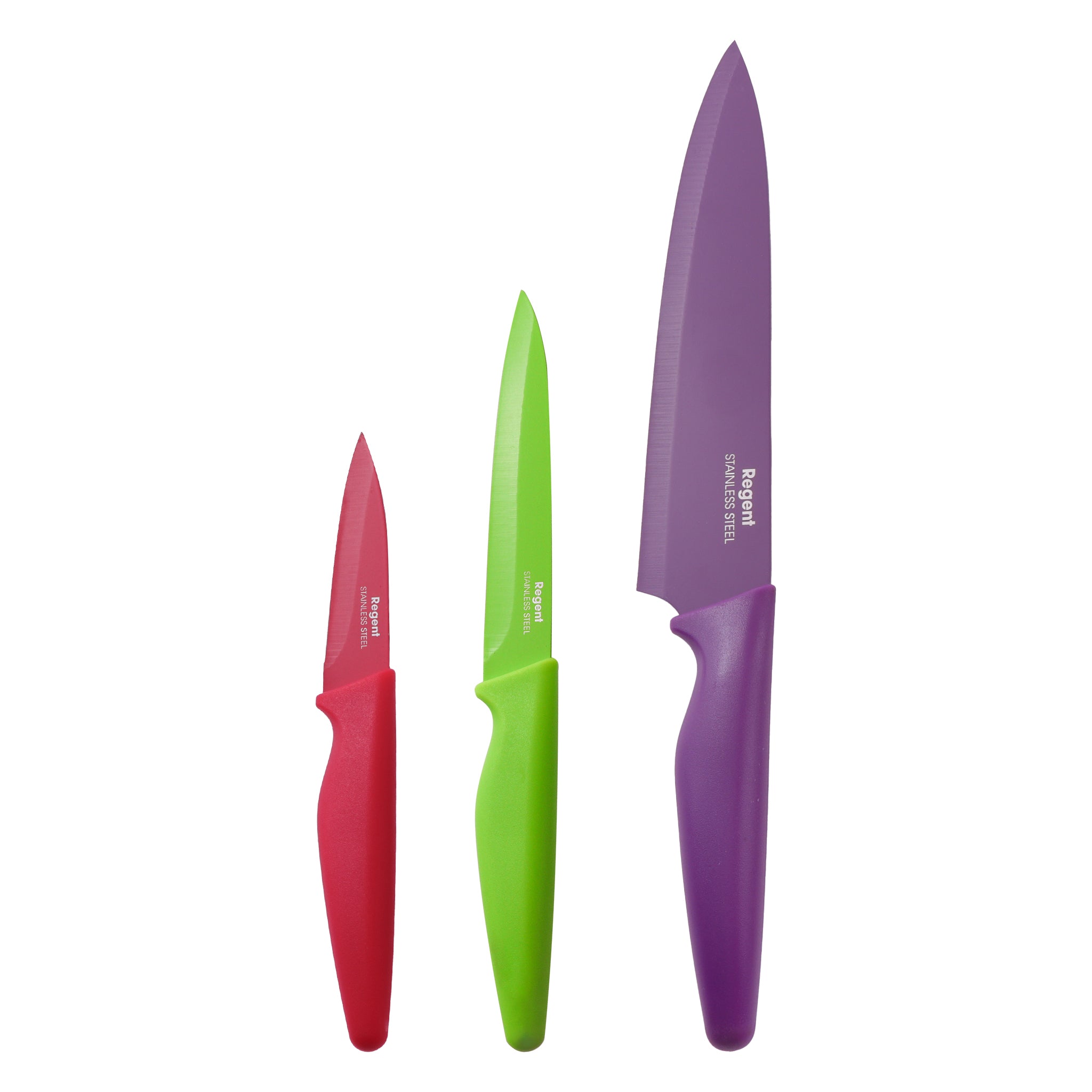 REGENT KITCHEN CHEF, UTILITY, PARING COLOURED KNIVES WITH SHEATHS 3PCS SET