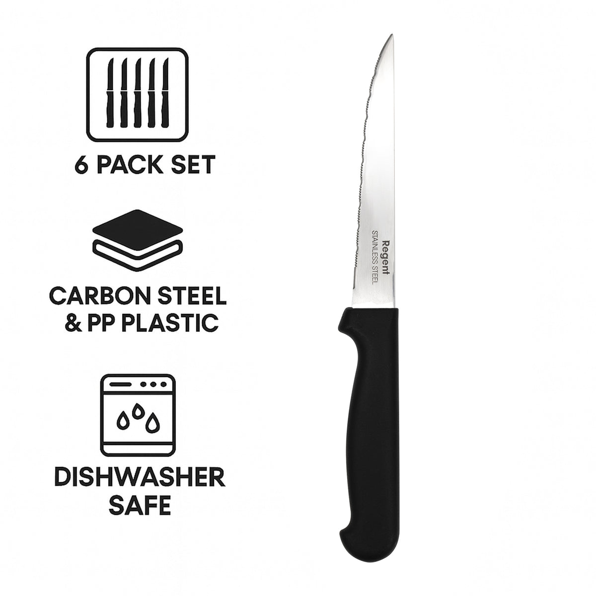 REGENT KITCHEN STEAK KNIVES WITH BLACK PP HANDLES 6PK, 200MM