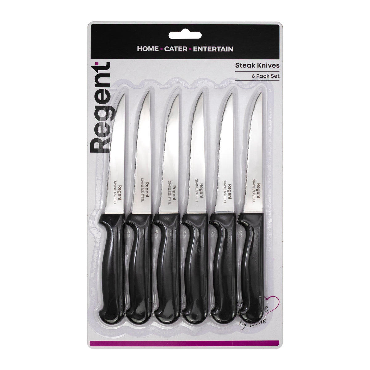 REGENT KITCHEN STEAK KNIVES WITH BLACK PP HANDLES 6PK, 200MM
