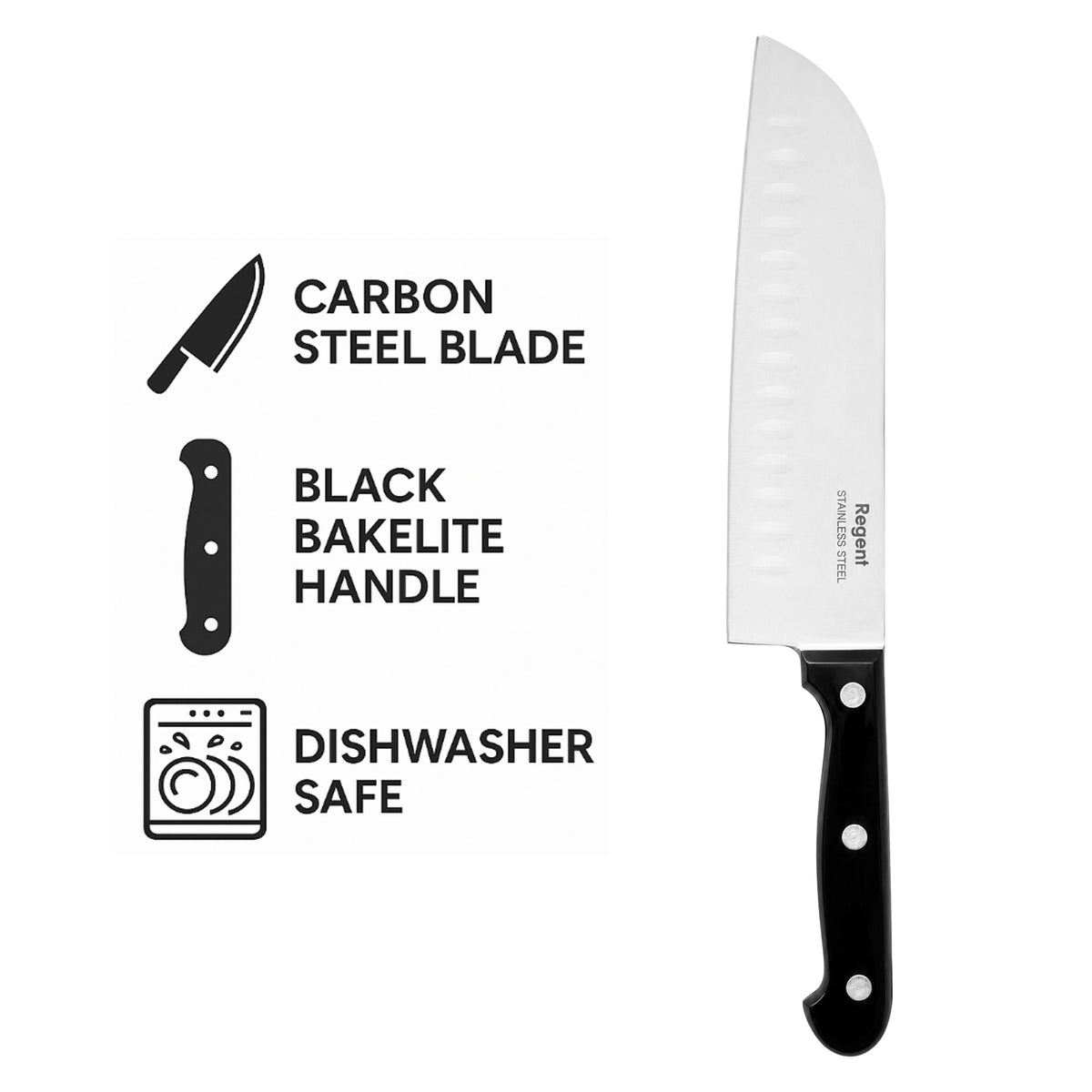 REGENT KITCHEN SANTOKU KNIFE WITH BAKELITE HANDLE AND 3 RIVETS, 290MM