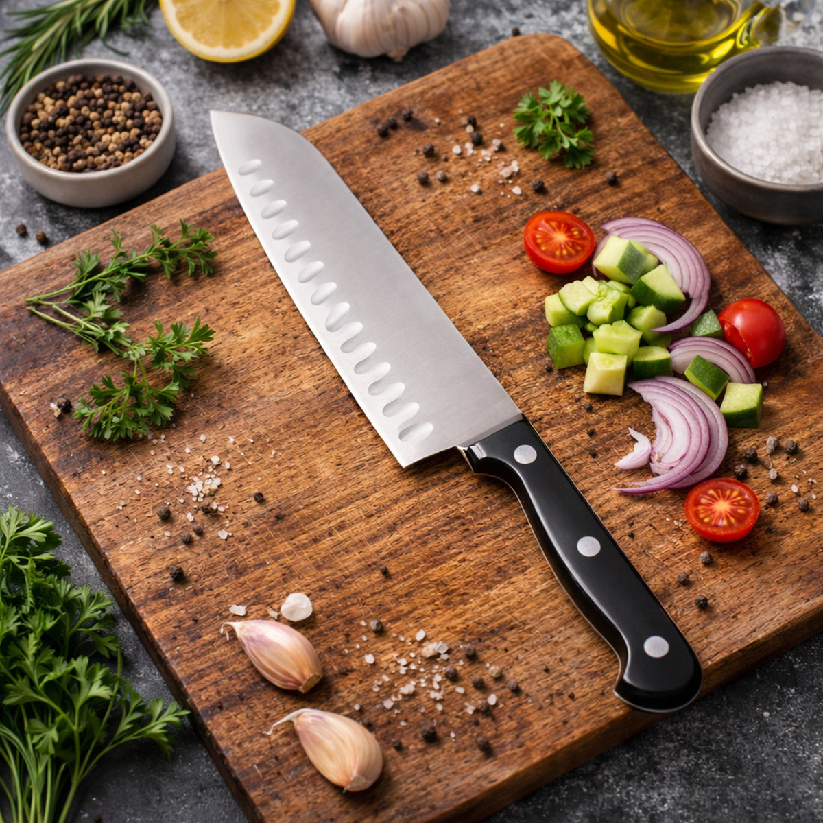 REGENT KITCHEN SANTOKU KNIFE WITH BAKELITE HANDLE AND 3 RIVETS, 290MM