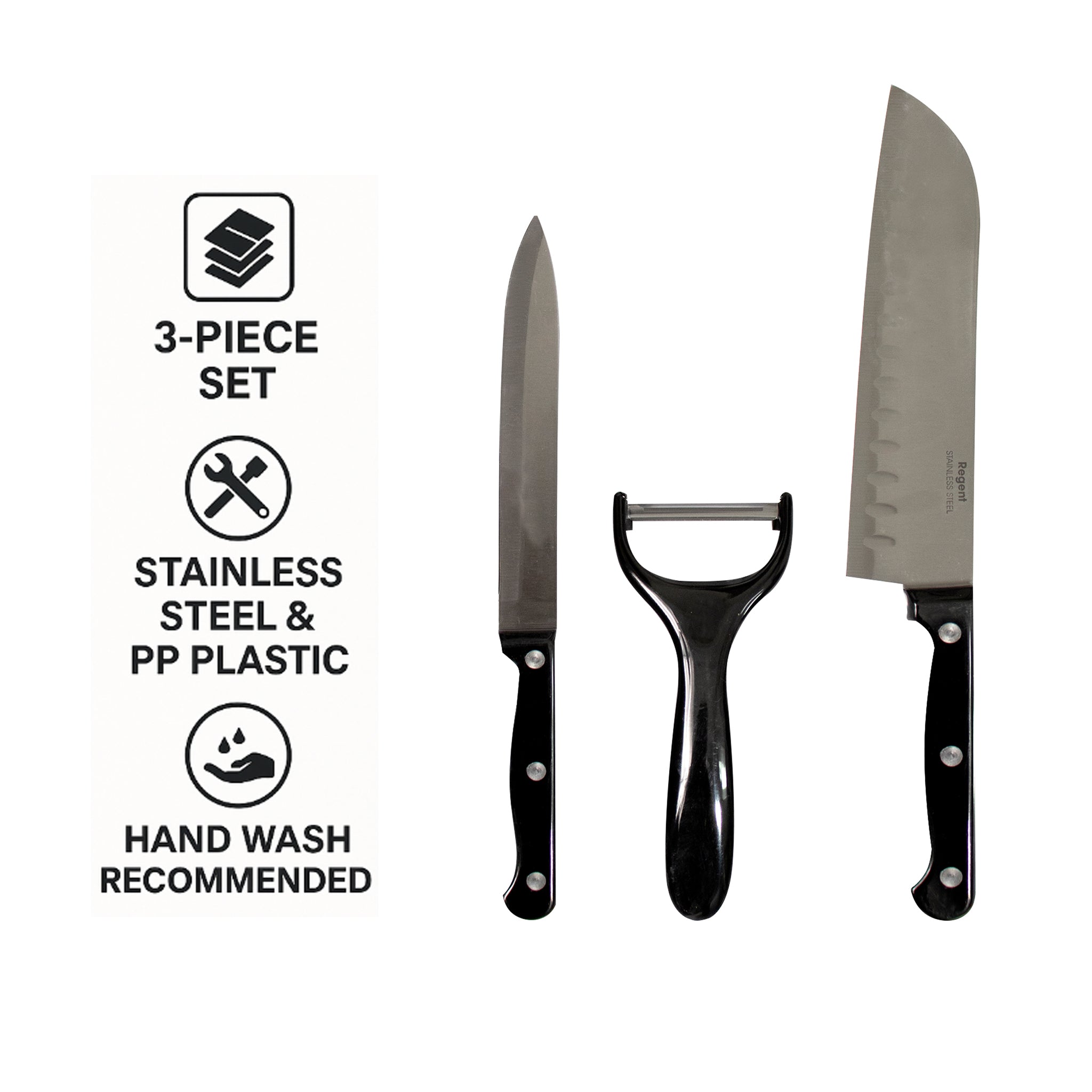 REGENT KITCHEN SANTOKU AND UTILITY KNIVES WITH PEELER 3PCS SET