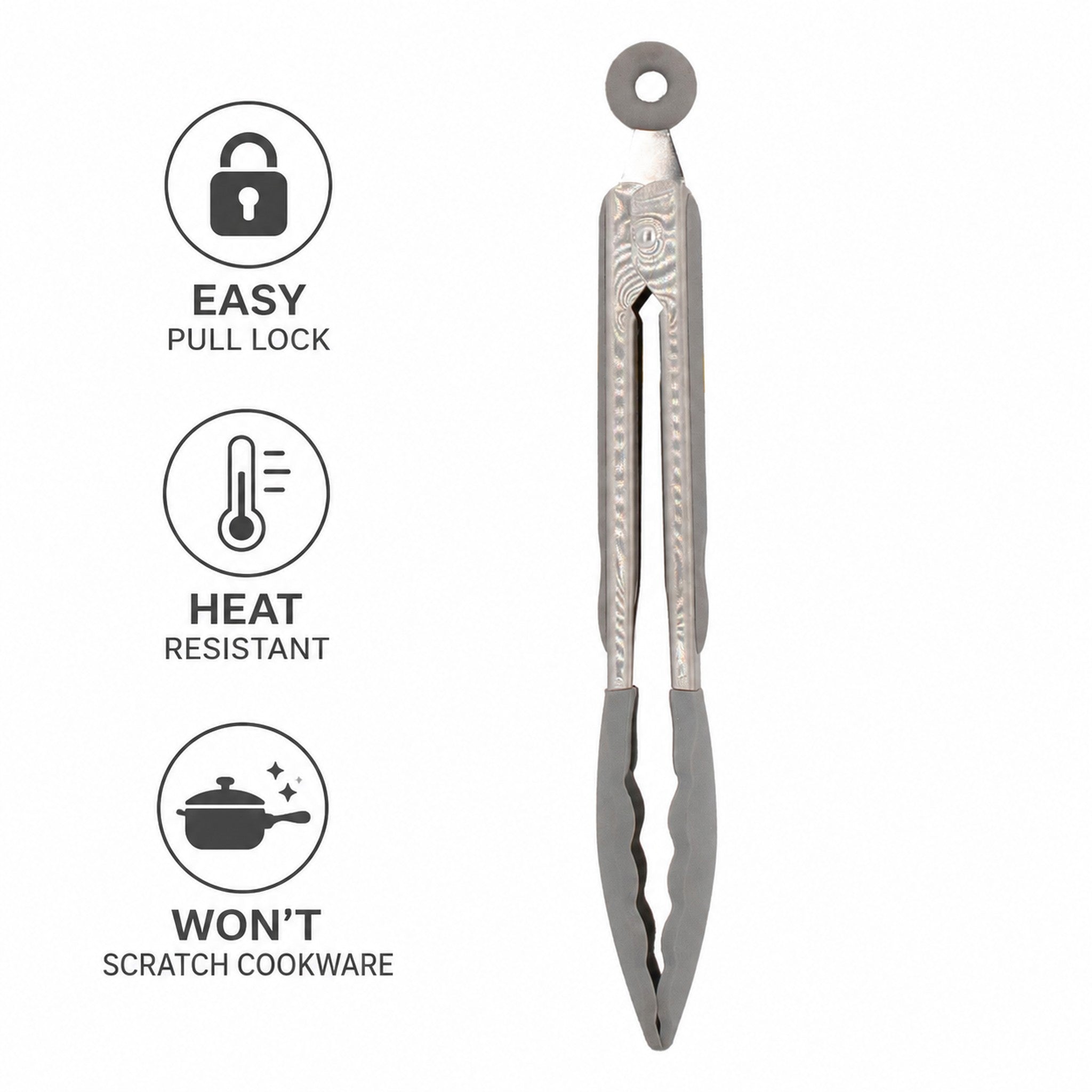 REGENT KITCHEN FOOD TONG STAINLESS STEEL WITH GREY SILICONE TIPS, 265MM