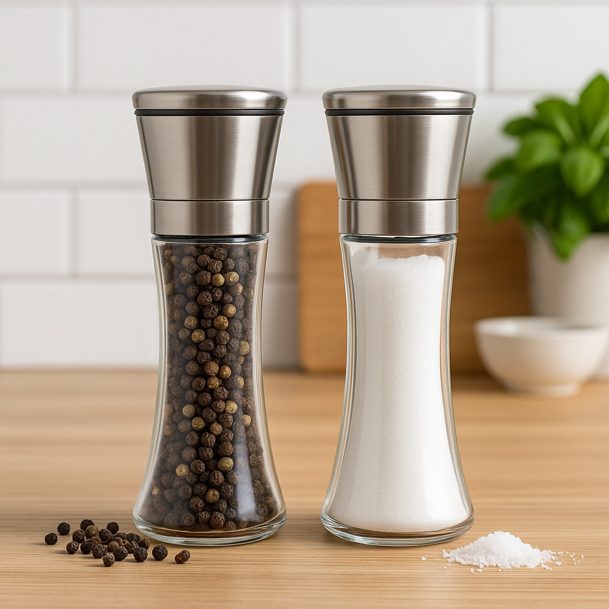 REGENT GLASS SALT AND PEPPER GRINDERS WITH ST.STEEL TOPS 2PK, 215ML
