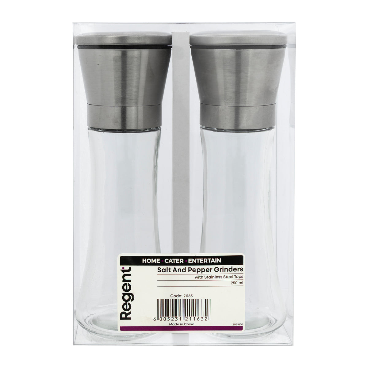 REGENT GLASS SALT AND PEPPER GRINDERS WITH ST.STEEL TOPS 2PK, 215ML
