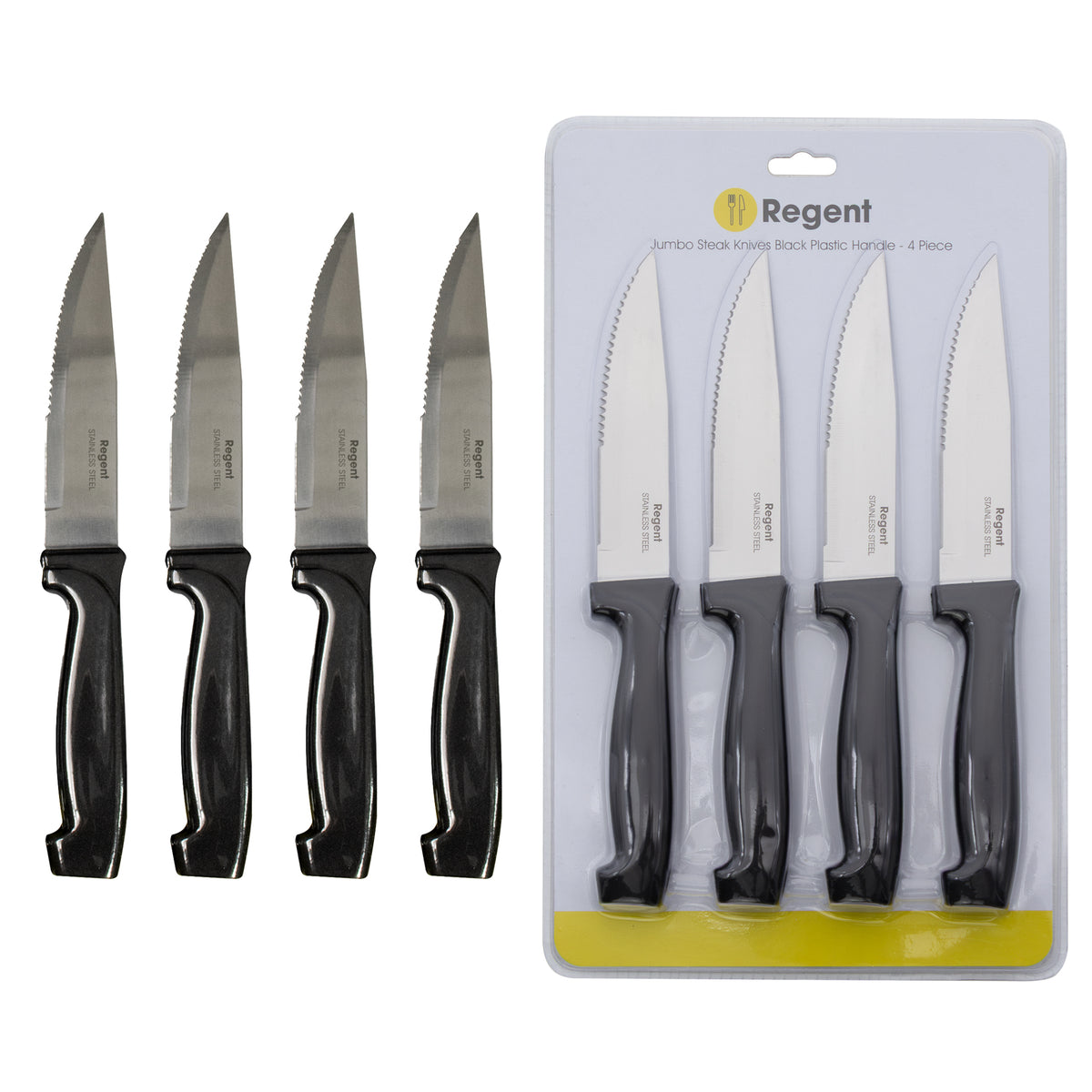 REGENT KITCHEN JUMBO STEAK KNIVES WITH BLACK PP HANDLES 4PK, 240MM