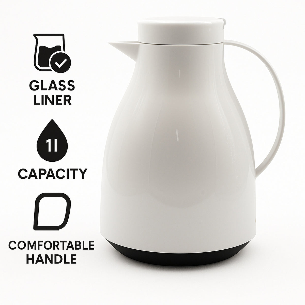 REGENT VACUUM THERMAL JUG WHITE WITH BLACK BUTTON LID AND GLASS LINER, 1L