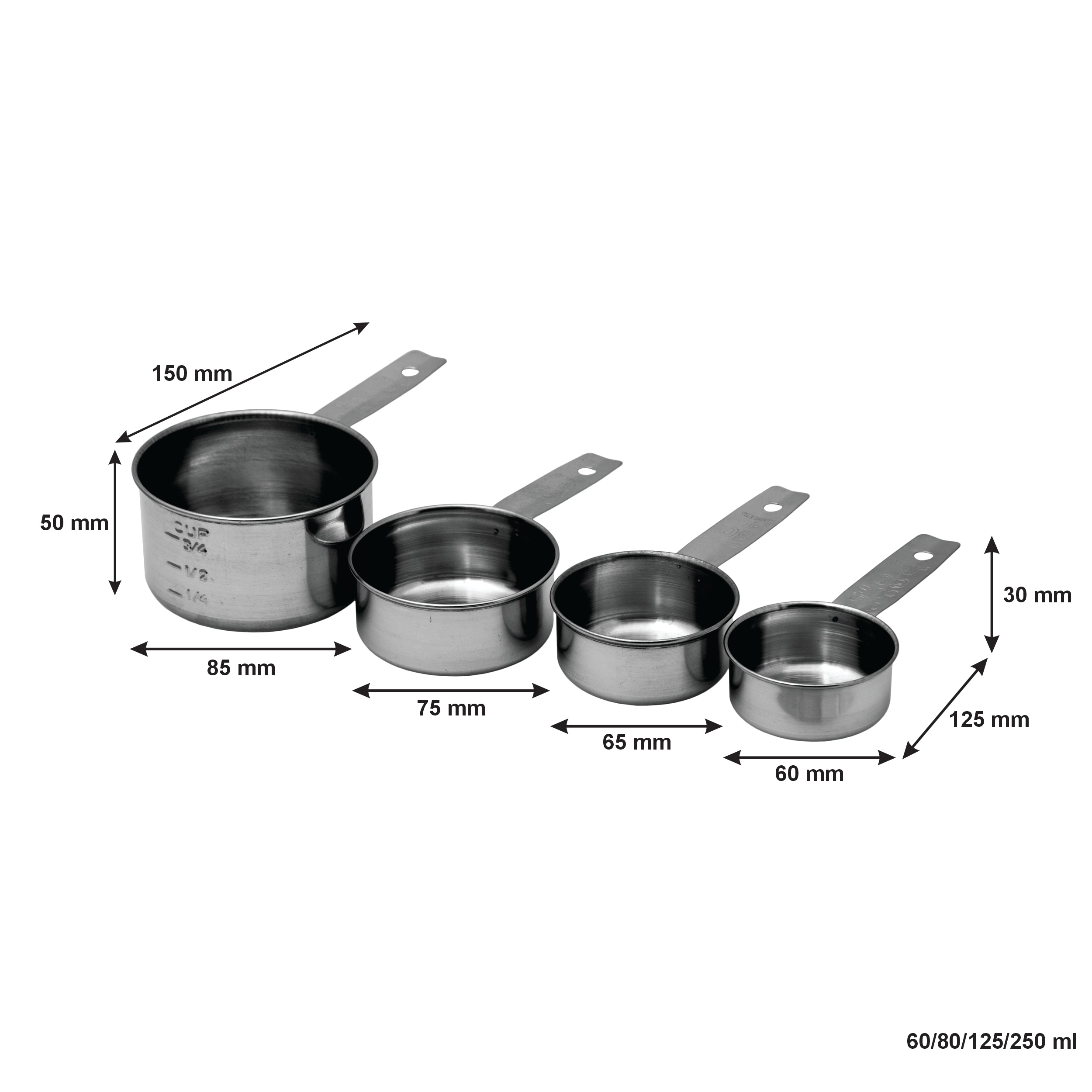 REGENT BAKEWARE DELUXE MEASURING CUP ST STEEL 4PC SET, 60/80/125/250ML