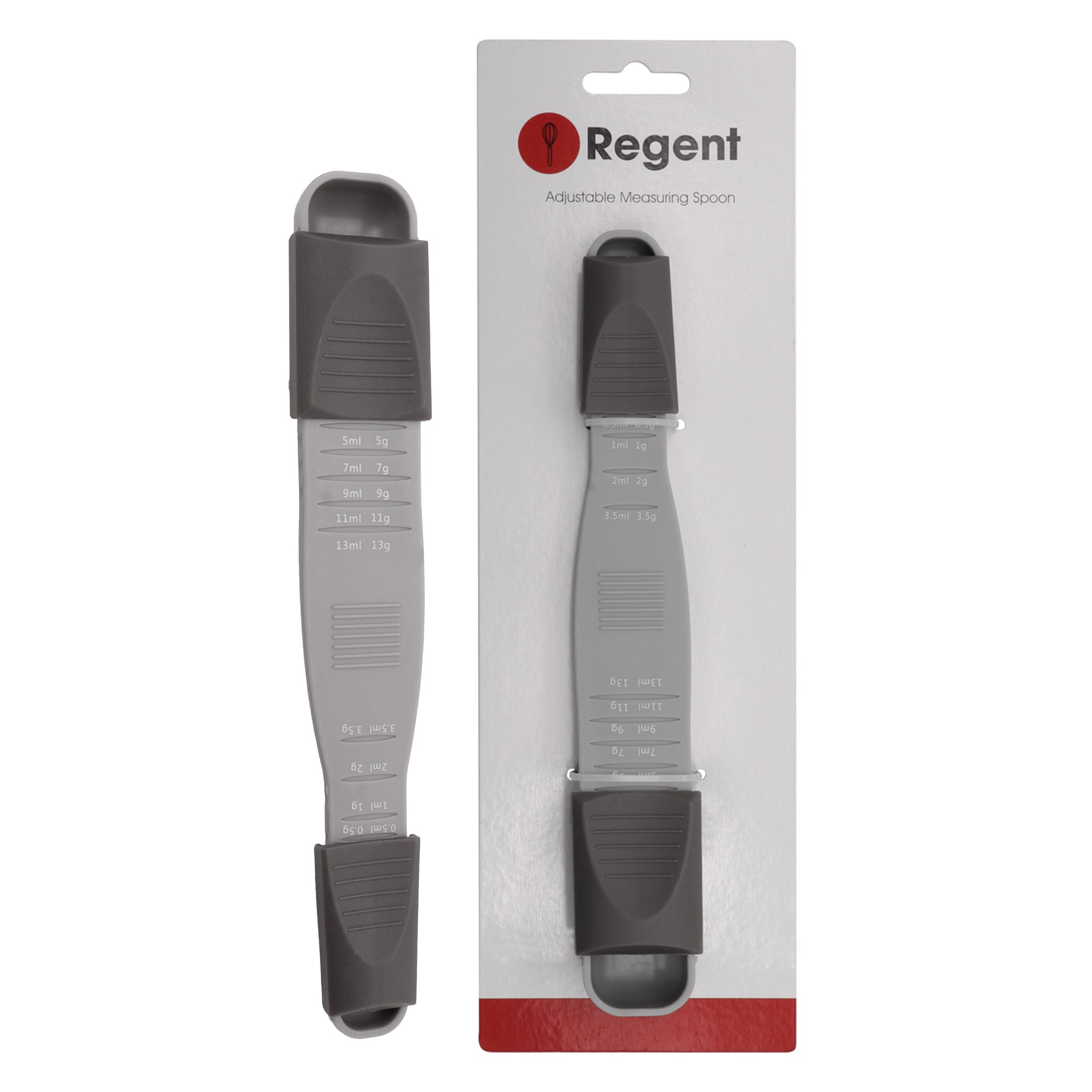 REGENT BAKEWARE ADJUSTABLE MEASURING SPOON GREY PLASTIC, 1/8TSP-1TBSP l 0.5ML-13ML