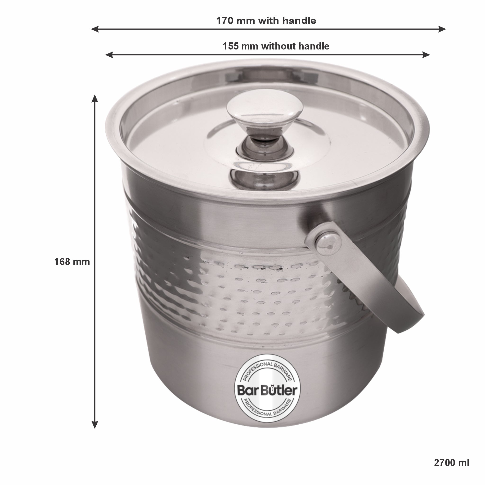 BAR BUTLER ICE BUCKET HAMMERED WITH LID AND HANDLE ST STEEL, 2.7L