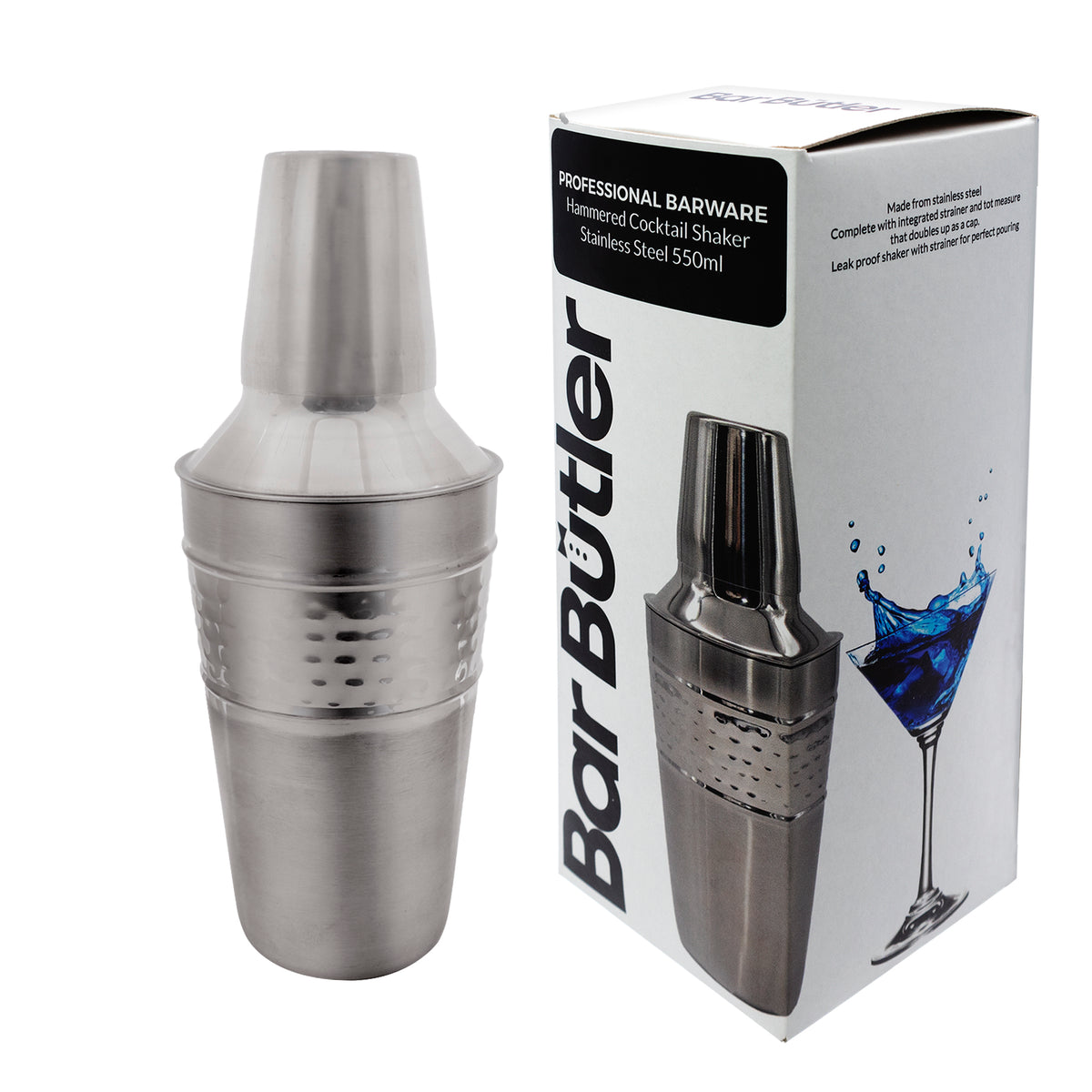 BAR BUTLER COCKTAIL SHAKER HAMMERED ST STEEL, 550ML