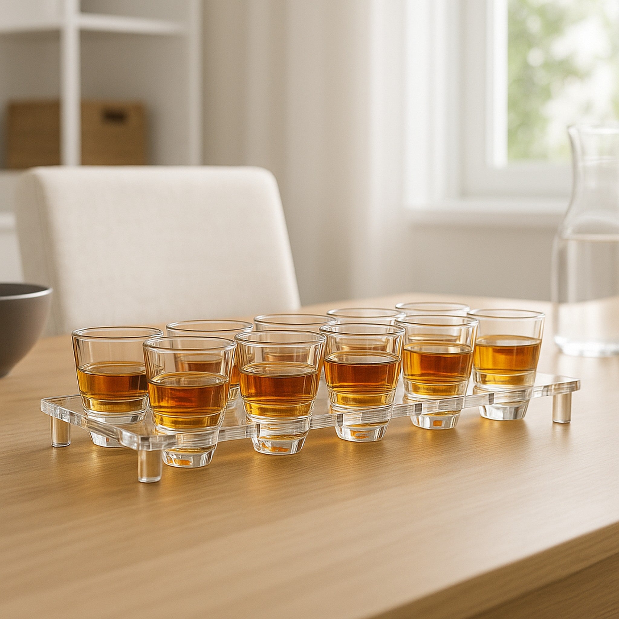 BAR BUTLER 10 CLEAR PLASTIC SHOT GLASSES 25ML ON A TRAY 11PCS SET