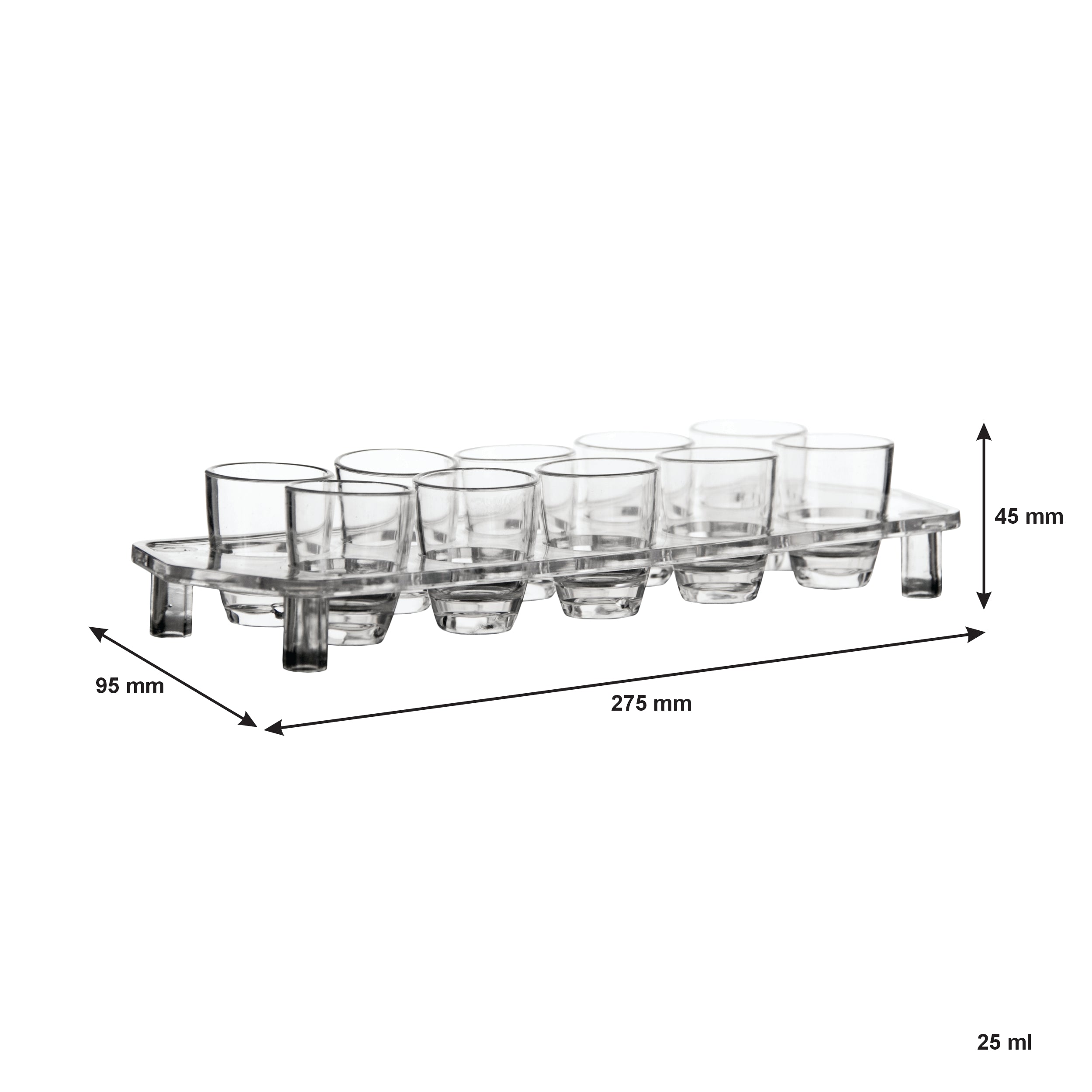 BAR BUTLER 10 CLEAR PLASTIC SHOT GLASSES 25ML ON A TRAY 11PCS SET