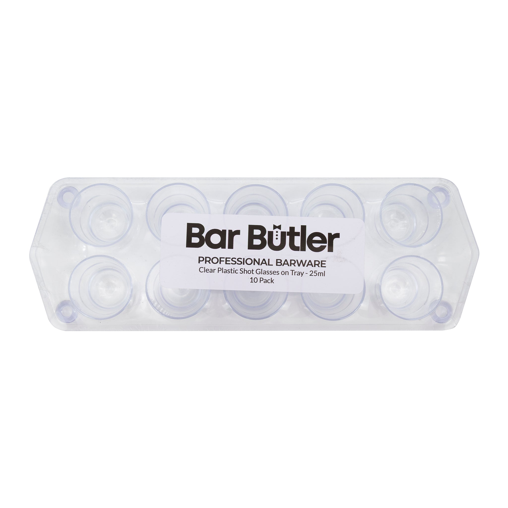 BAR BUTLER 10 CLEAR PLASTIC SHOT GLASSES 25ML ON A TRAY 11PCS SET