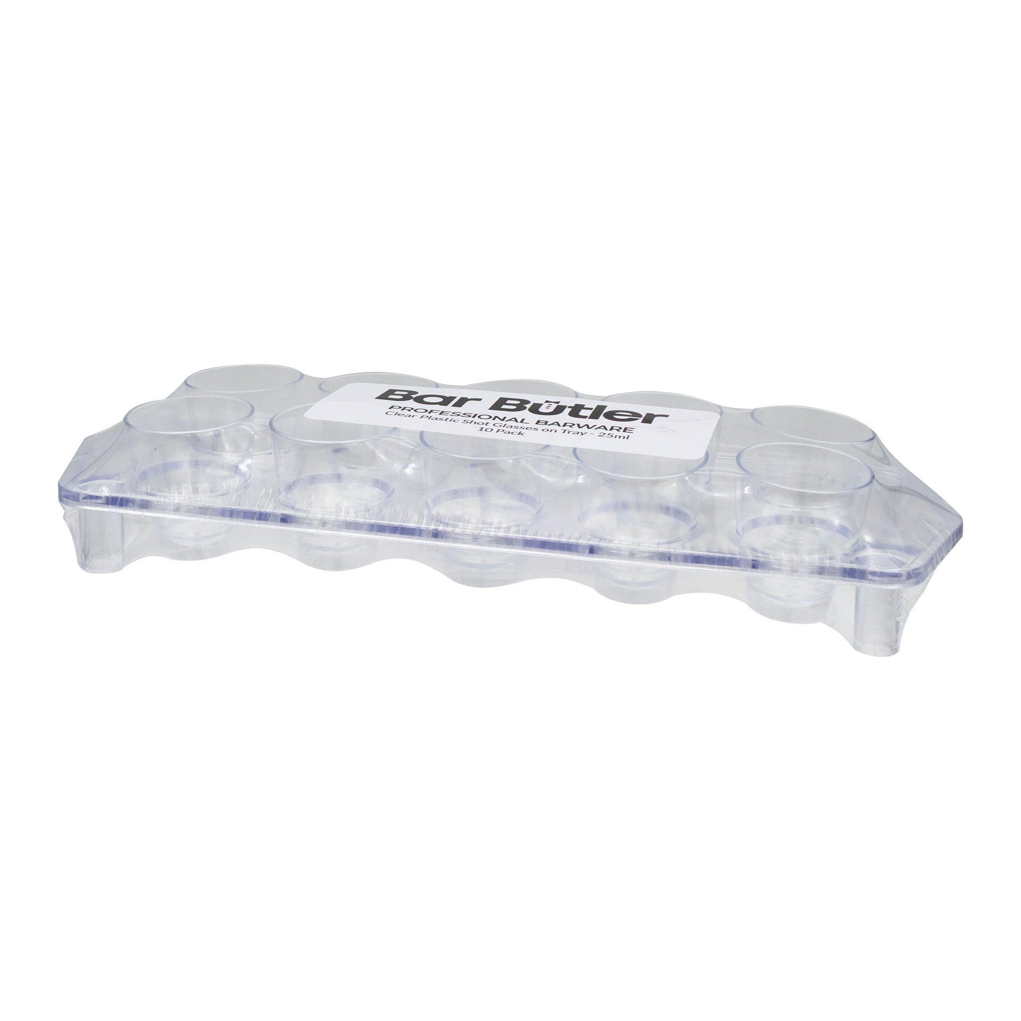 BAR BUTLER 10 CLEAR PLASTIC SHOT GLASSES 25ML ON A TRAY 11PCS SET