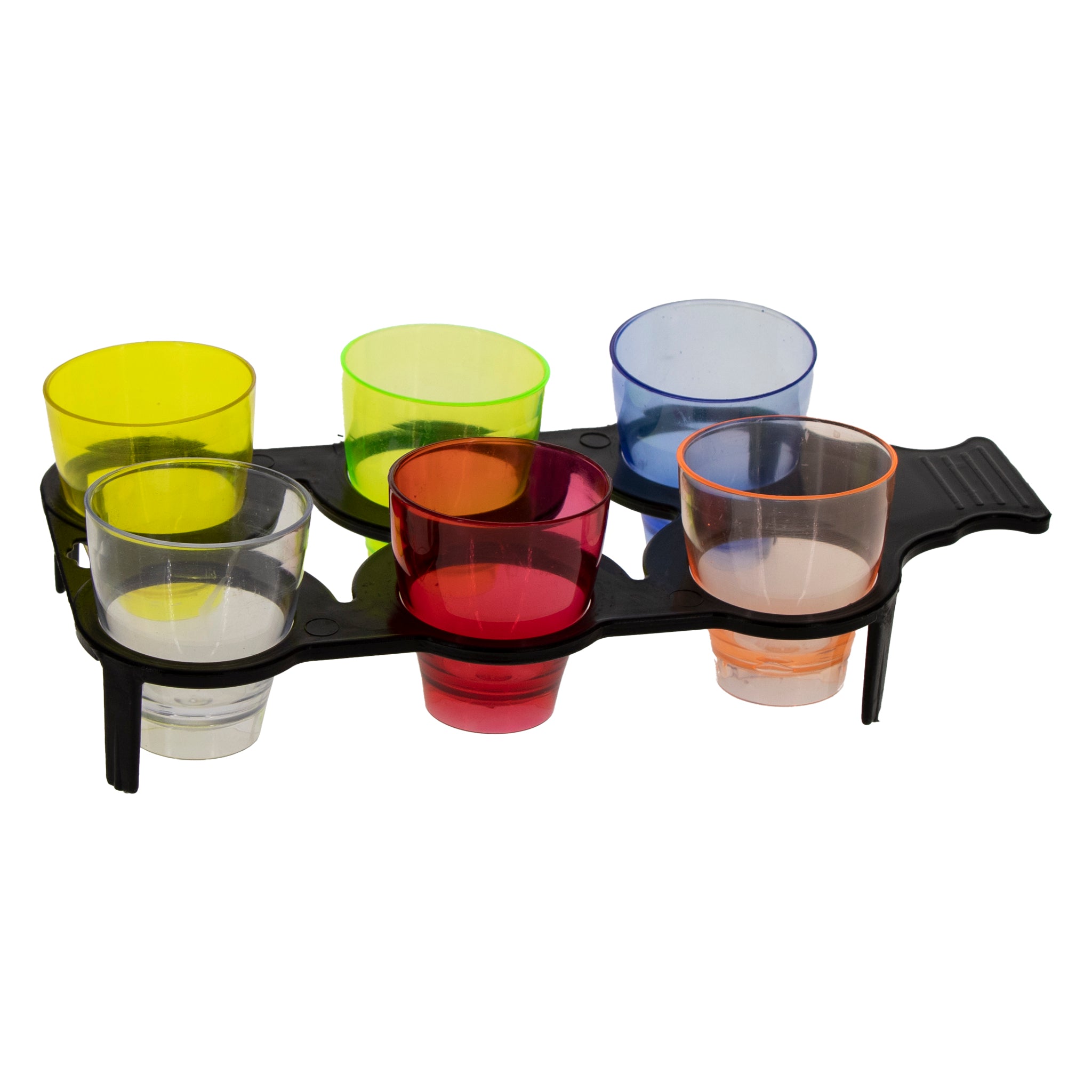 BAR BUTLER 6 ASST. COLOURED PLASTIC SHOT GLASSES ON A BLACK TRAY 7PK, 25ML - 40MM DIA