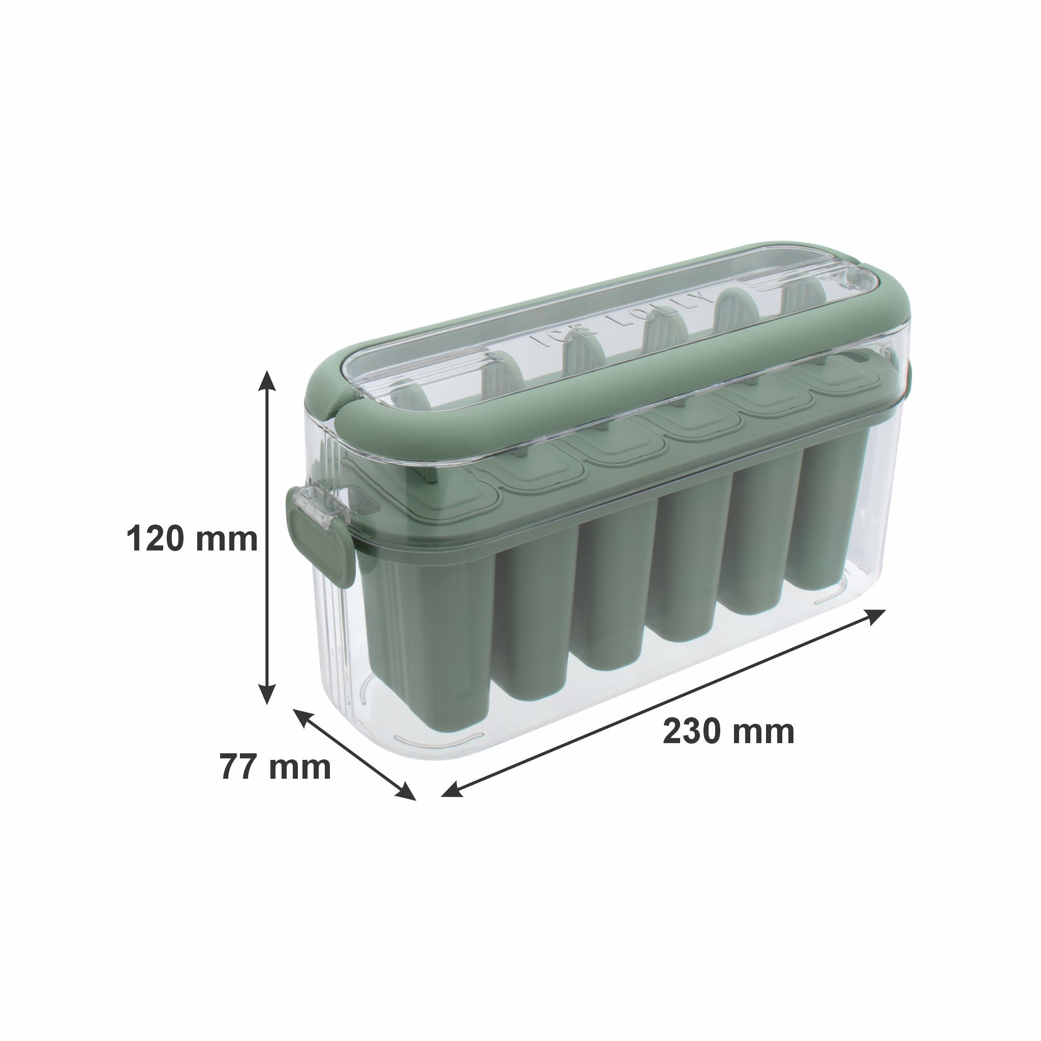REGENT 6 ICE LOLLY MOULDS IN A SAGE COLOUR PLASTIC HOLDER WITH 2 HANDLES, 230X77MM