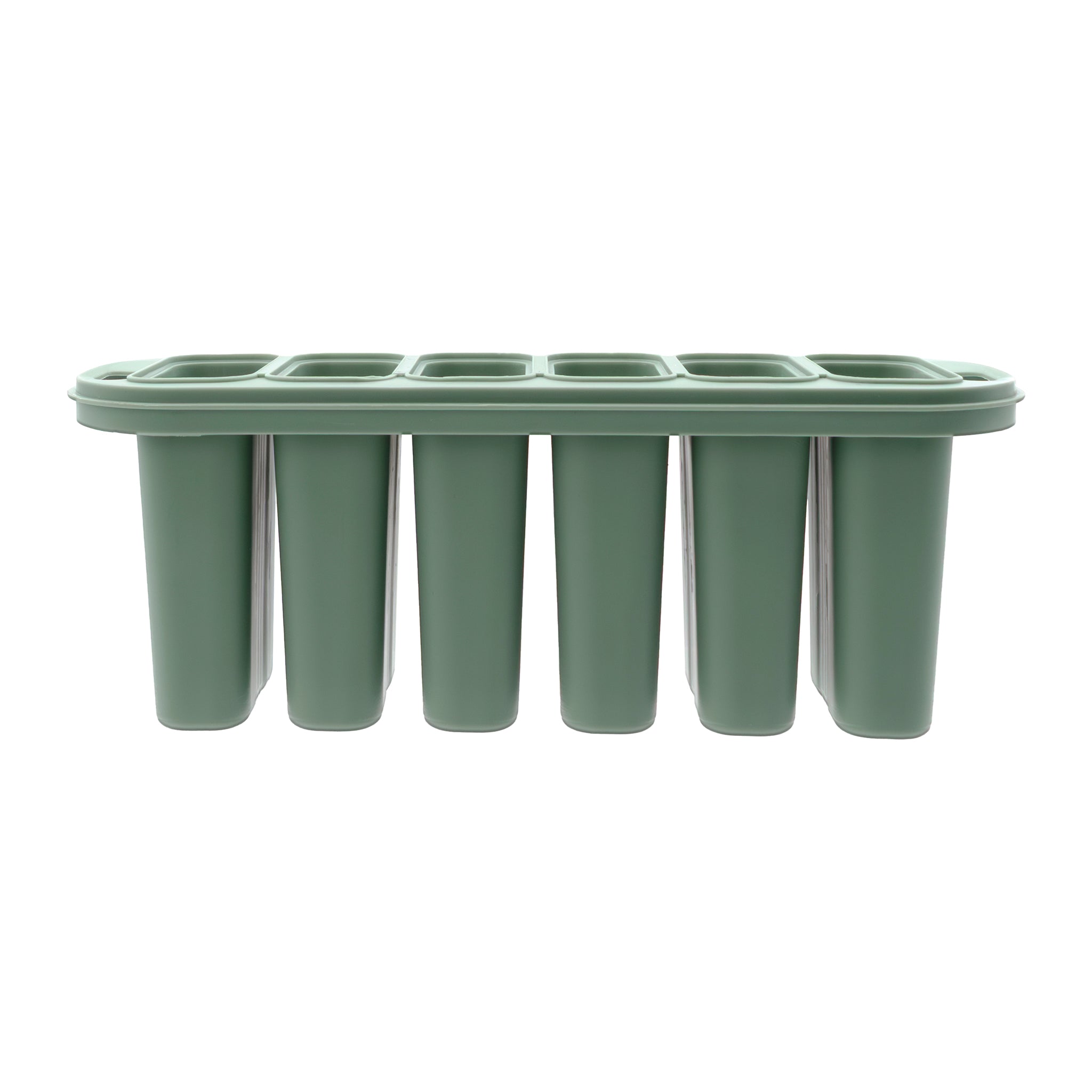 REGENT 6 ICE LOLLY MOULDS IN A SAGE COLOUR PLASTIC HOLDER WITH 2 HANDLES, 230X77MM