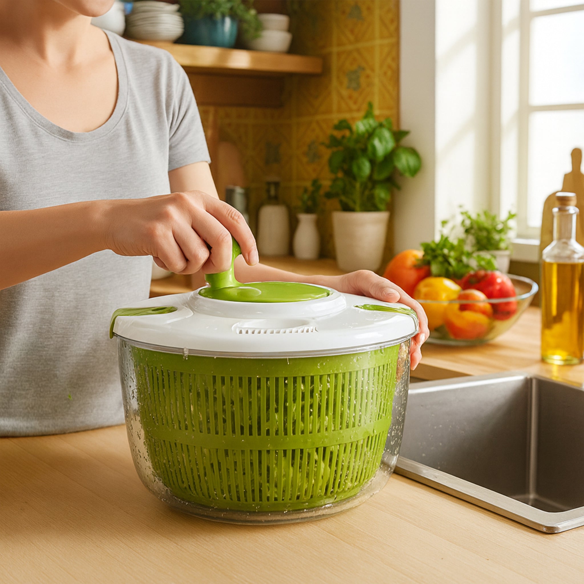 REGENT KITCHEN SALAD SPINNER PLASTIC GREEN AND WHITE, 245MM DIA