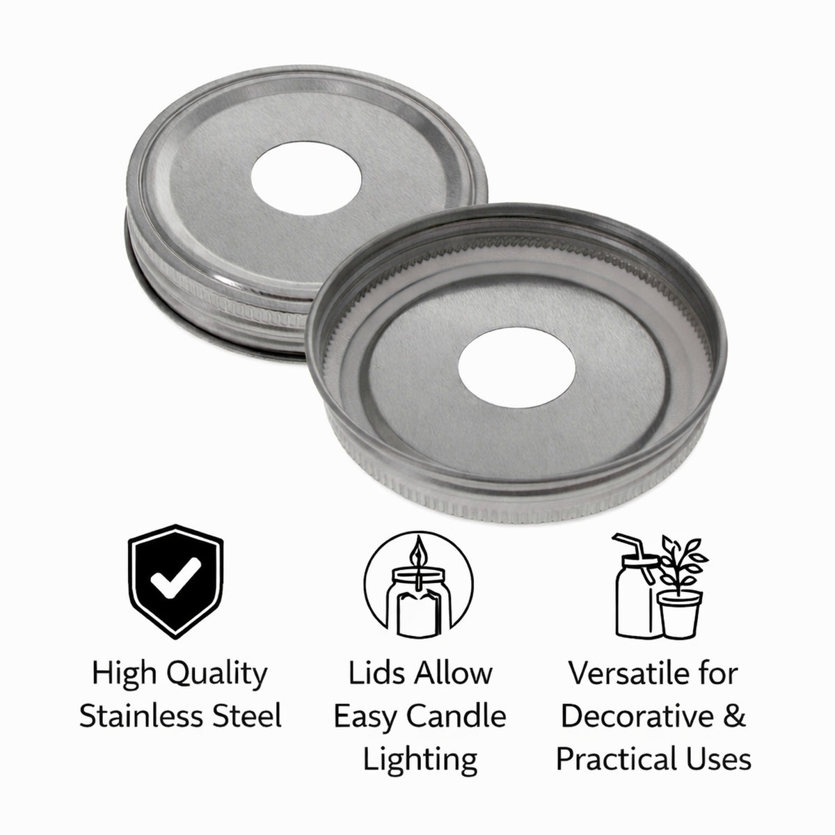 REGENT JAR LIDS WITH CUT OUT FOR CANDLE OR STRAW ST. STEEL 2PK, 90MM DIA