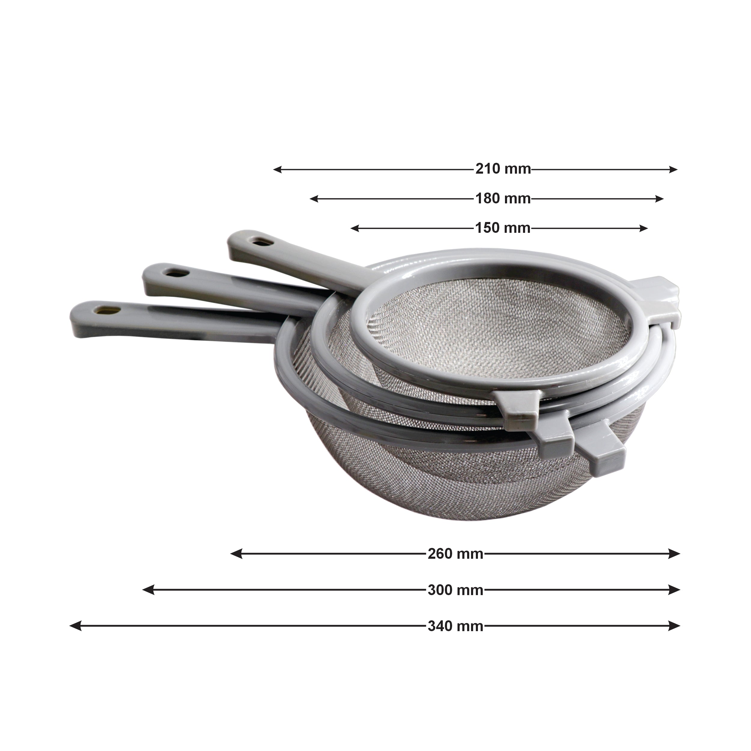 REGENT KITCHEN STRAINERS ST STEEL WITH PP PLASTIC FRAME GREY 3PCS SET, 150 l 180 l 210MM DIA