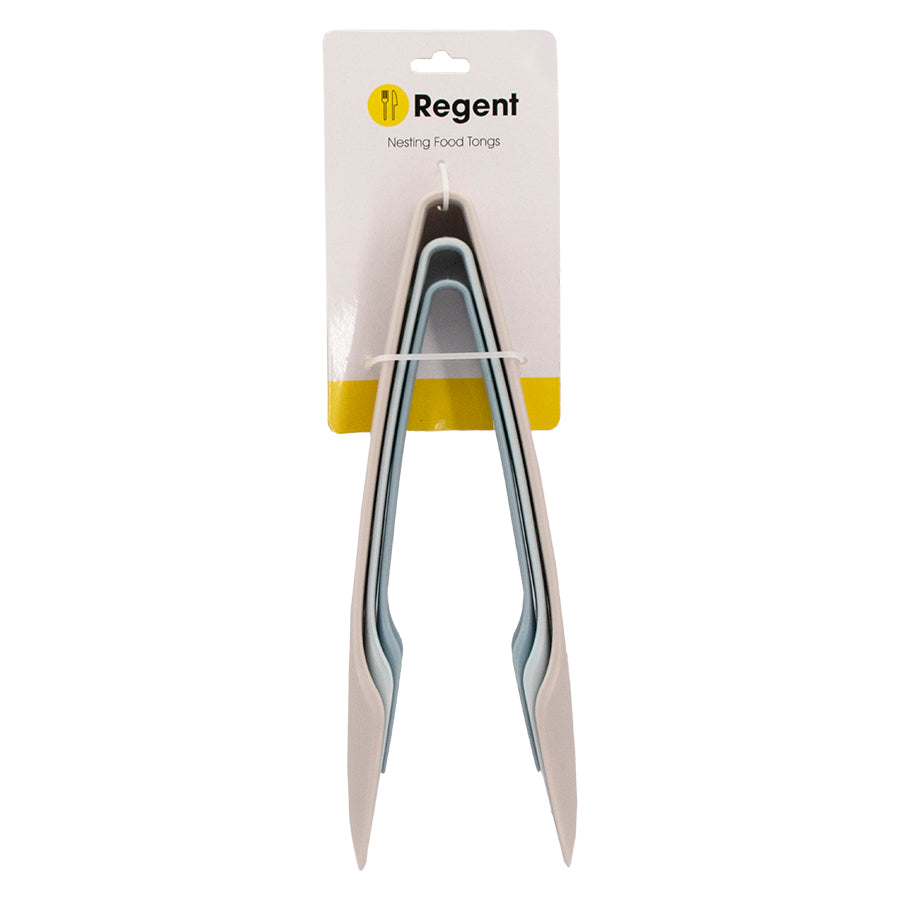 REGENT KITCHEN COLOURED NESTING FOOD TONGS PLASTIC 3PK SET, 250MM l 215MM l 185MM