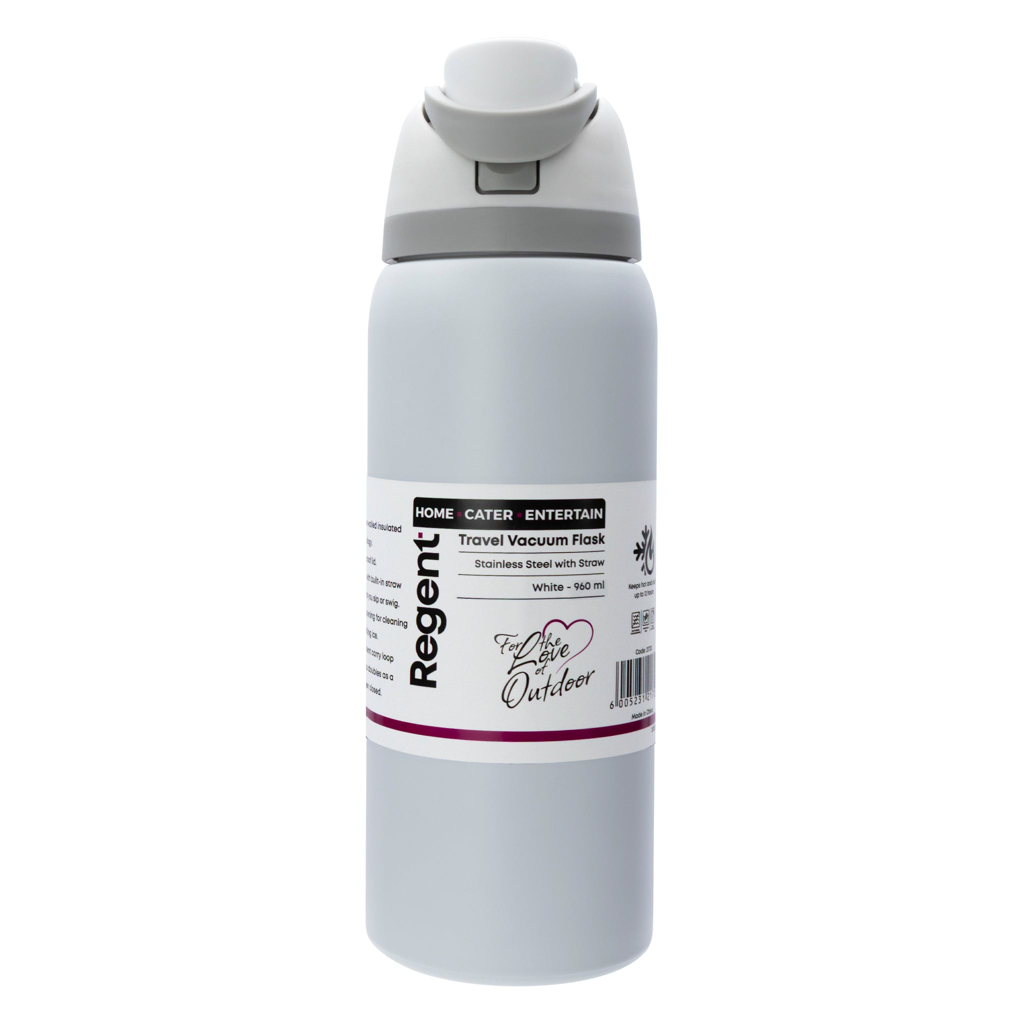 REGENT TRAVEL VACUUM FLASK STAINLESS STEEL WITH SIP STRAW WHITE, 960ML
