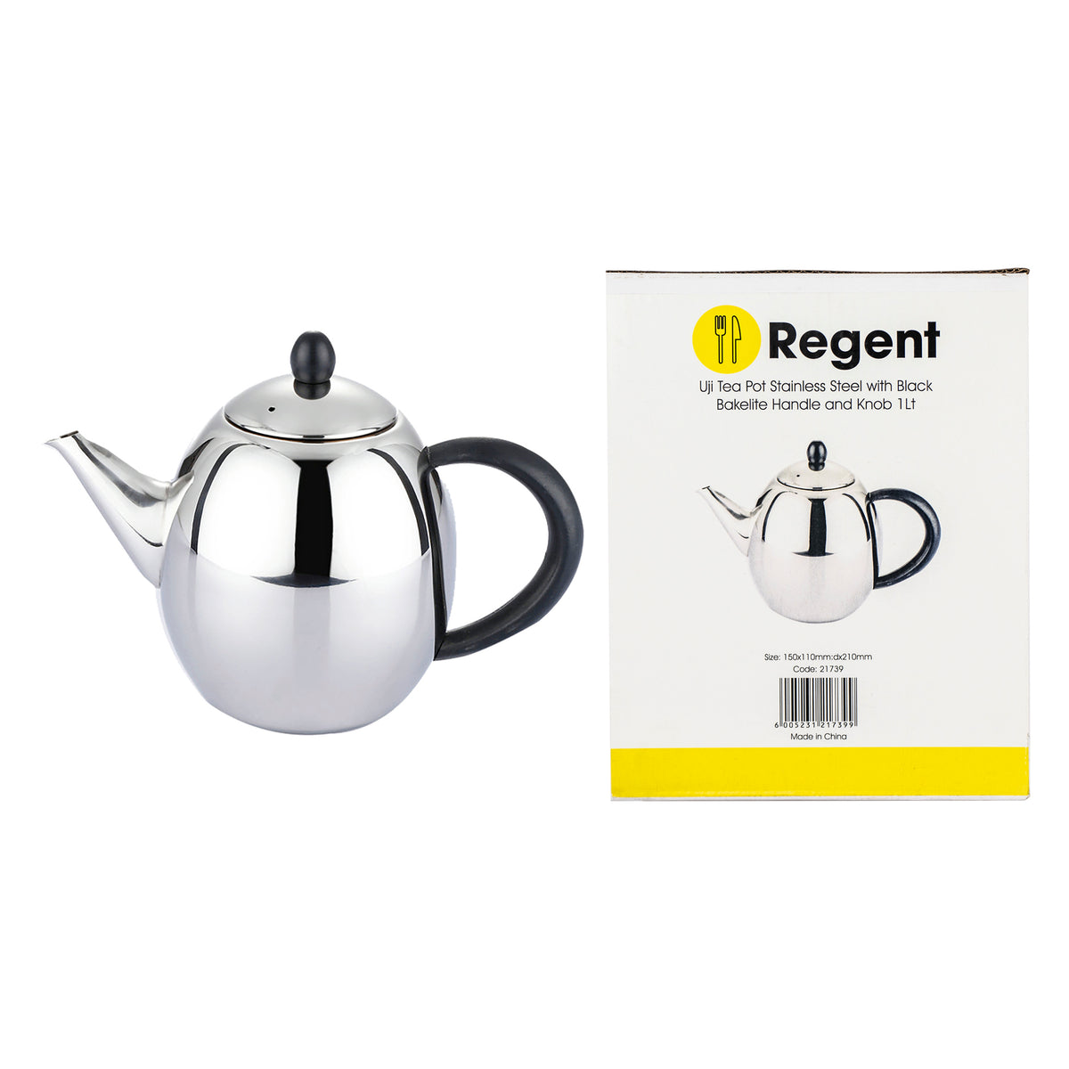 REGENT UJI TEAPOT ST STEEL WITH BLACK BAKELITE HANDLE & KNOB, 1L