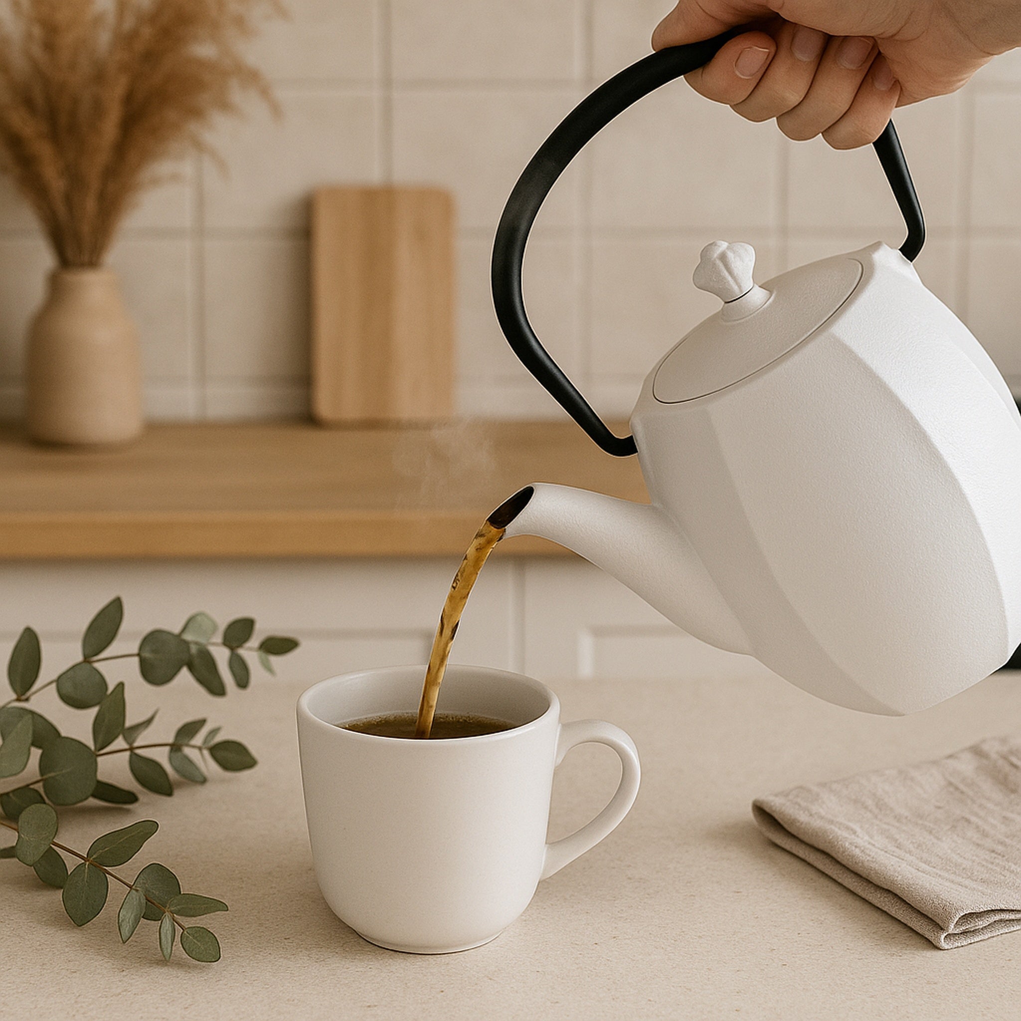 REGENT CAST IRON NAMBU TEKKI STYLE JAPANESE TEAPOT WHITE WITH BLACK HANDLE, 800ML