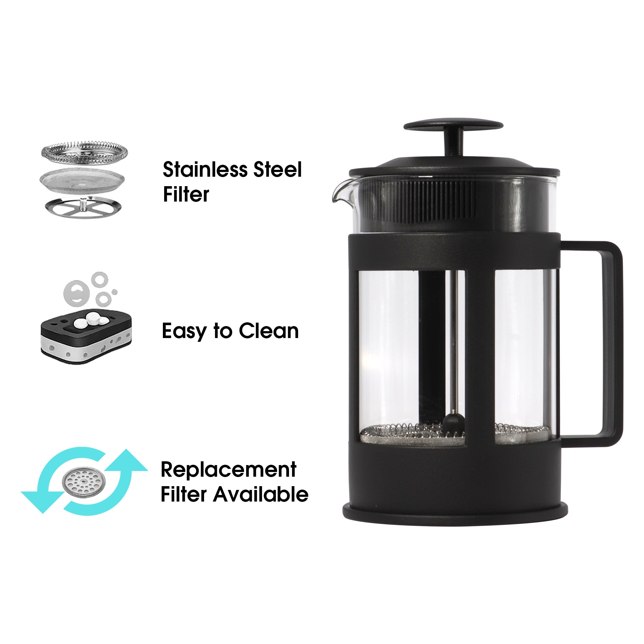 REGENT COFFEE PLUNGER BLACK WITH PLASTIC FRAME 6/8 CUP, 800ML