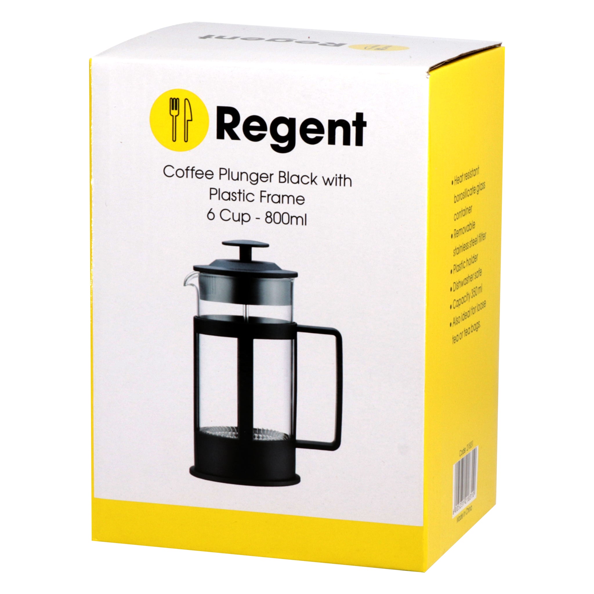 REGENT COFFEE PLUNGER BLACK WITH PLASTIC FRAME 6/8 CUP, 800ML