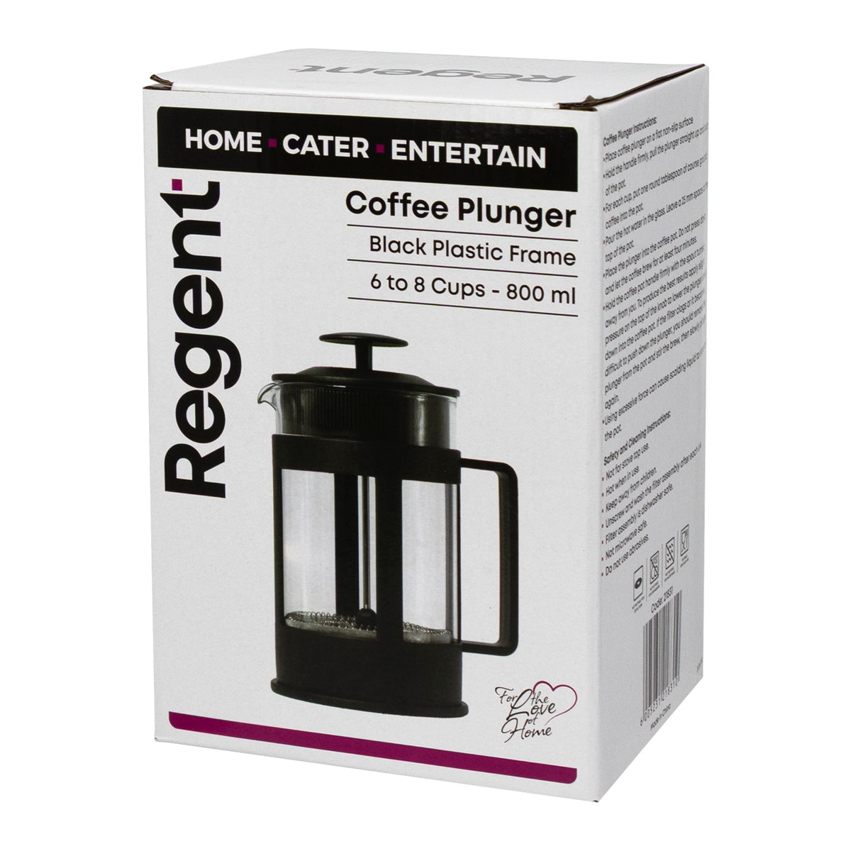 REGENT COFFEE PLUNGER BLACK WITH PLASTIC FRAME 6/8 CUP, 800ML