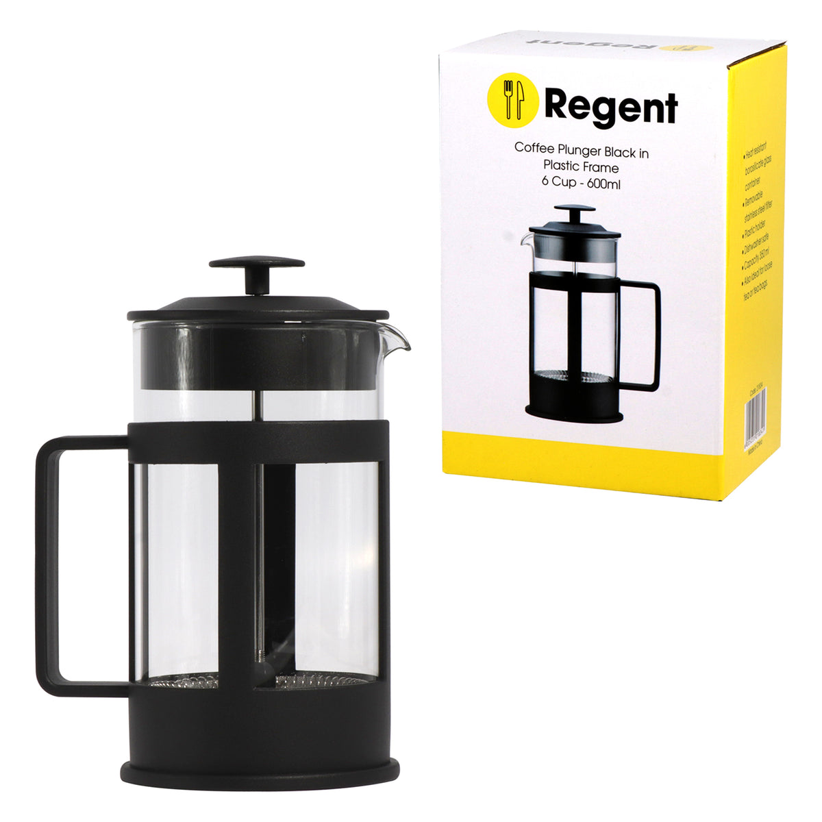 REGENT COFFEE PLUNGER BLACK WITH PLASTIC FRAME 6 CUP, 600ML