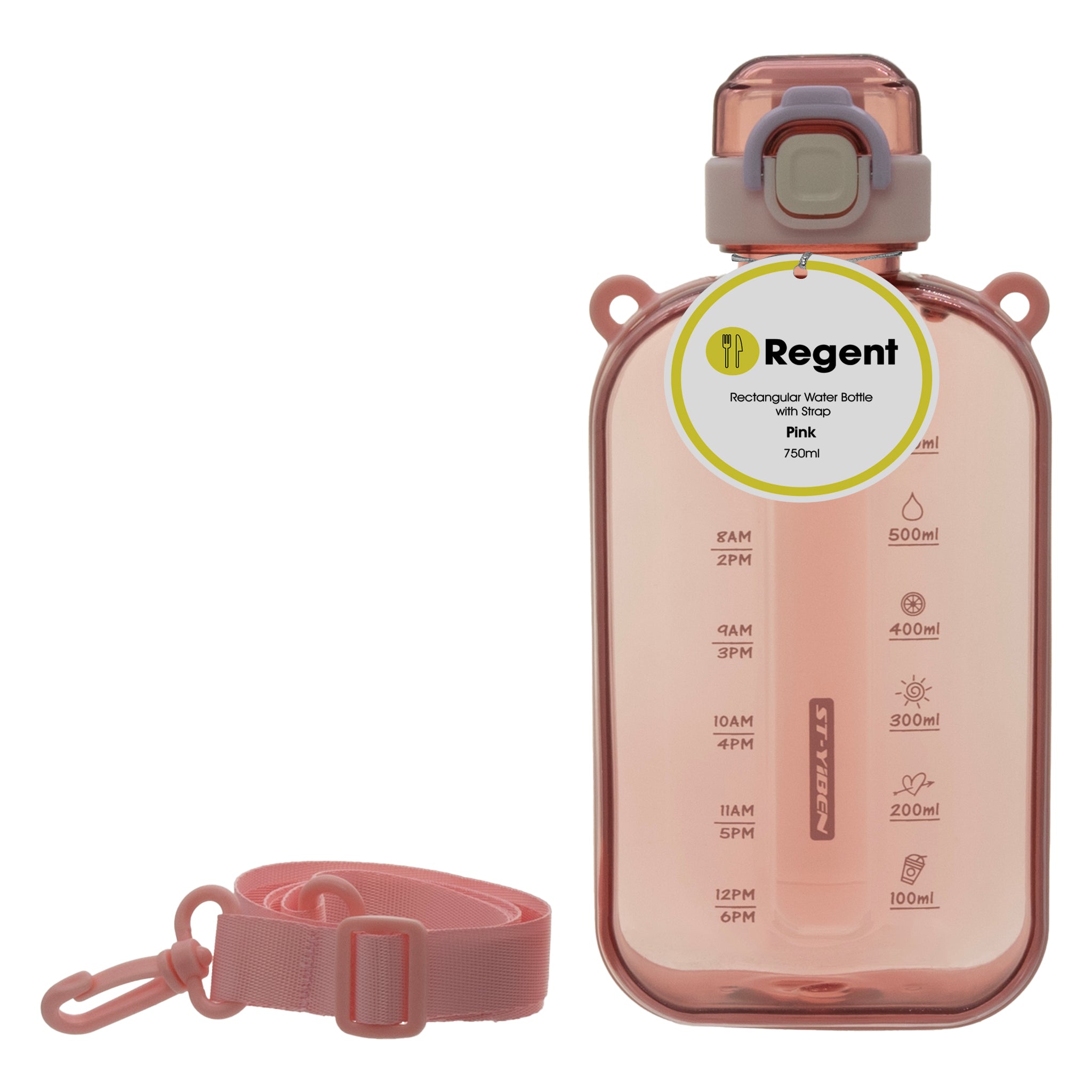 REGENT RECTANGULAR TRANSPARENT WATER BOTTLE PLASTIC WITH STRAP PINK, 750ML