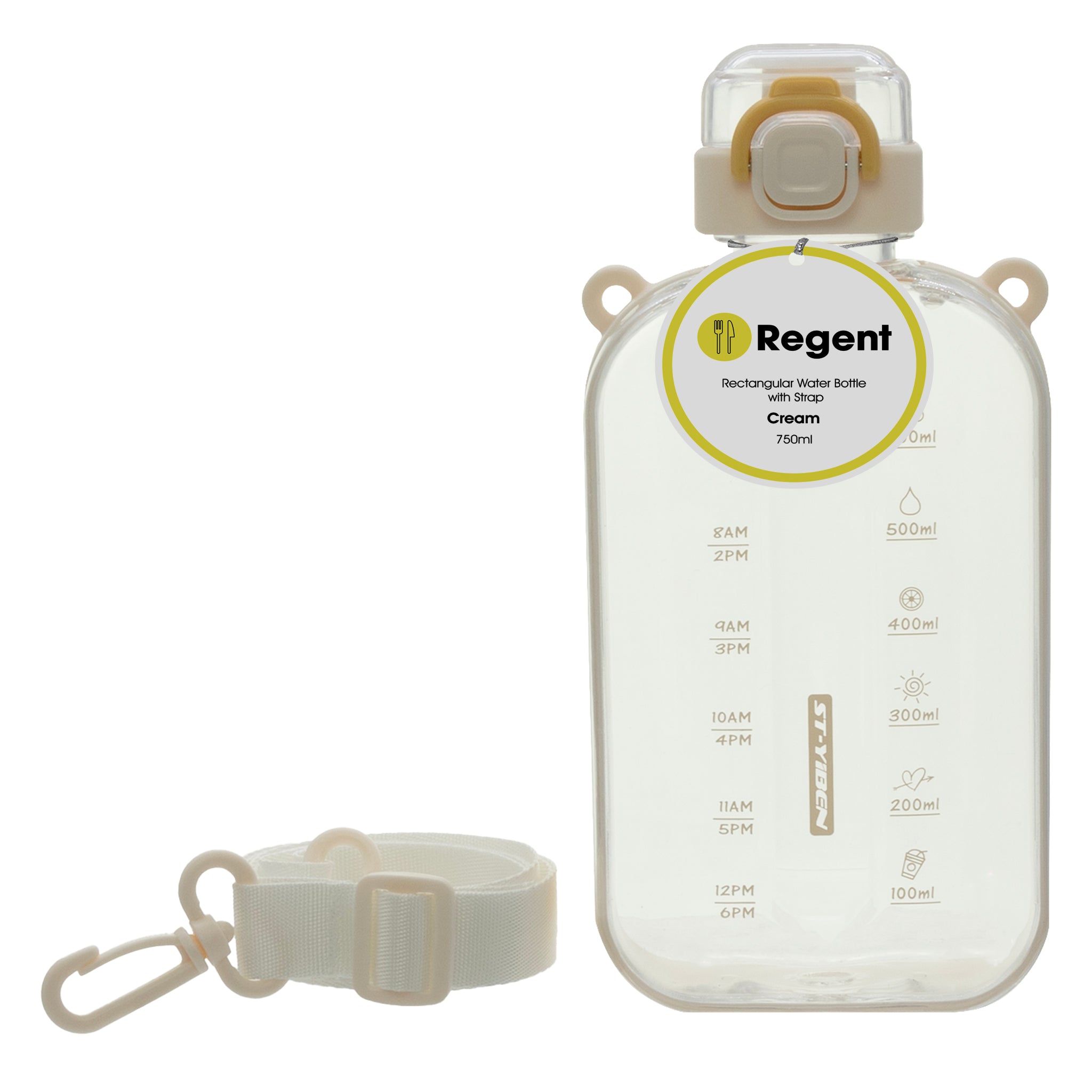 REGENT RECTANGULAR TRANSPARENT WATER BOTTLE PLASTIC WITH STRAP CREAM, 750ML