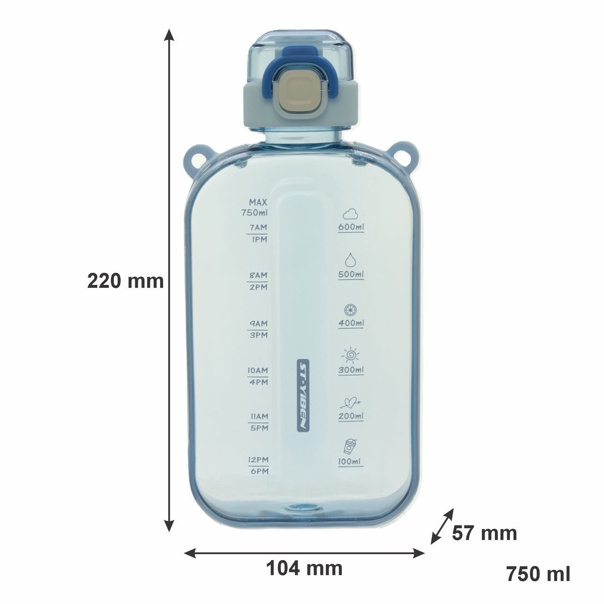 REGENT RECTANGULAR TRANSPARENT WATER BOTTLE PLASTIC WITH STRAP PASTEL BLUE, 750ML