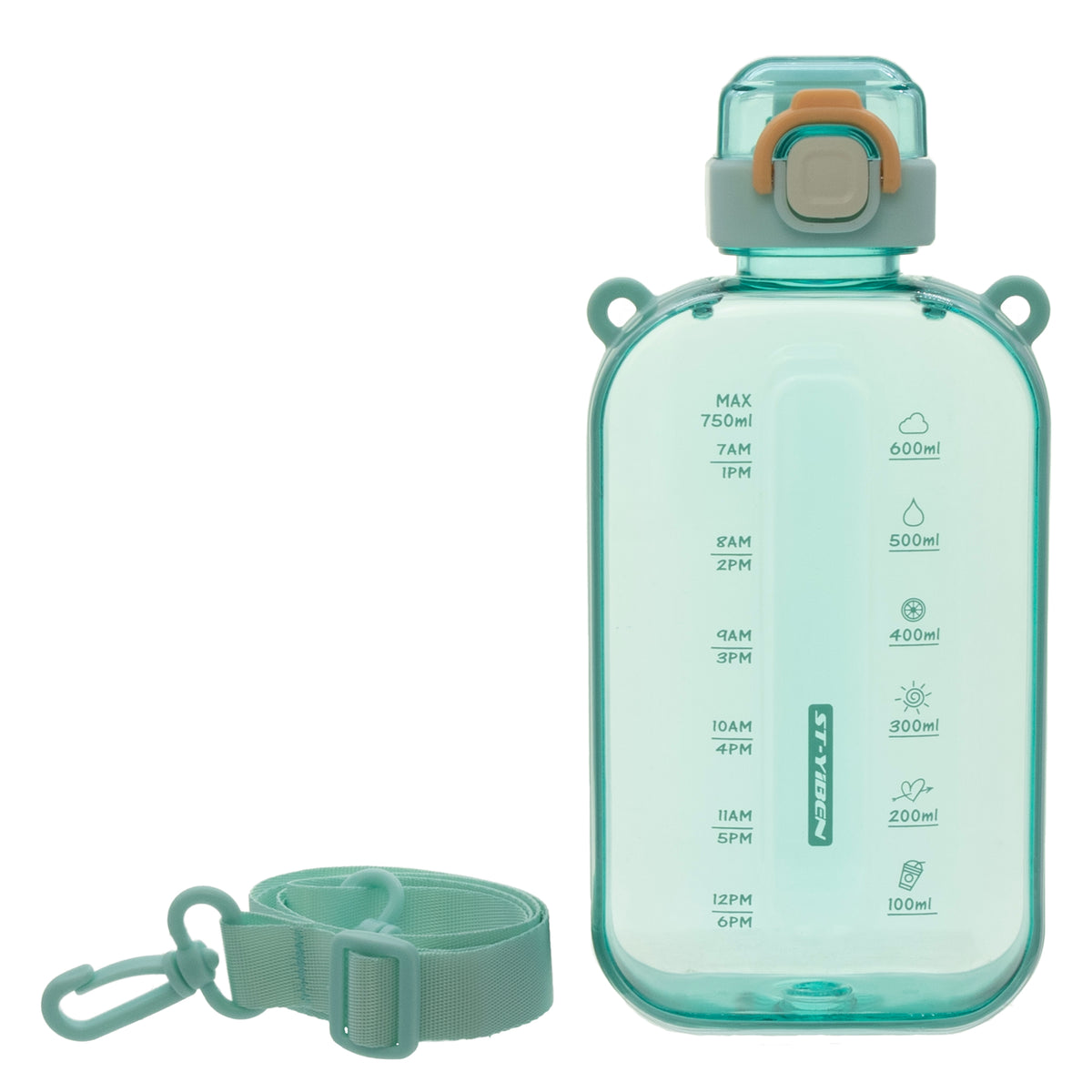 REGENT RECTANGULAR TRANSPARENT WATER BOTTLE PLASTIC WITH STRAP TURQUOISE, 750ML
