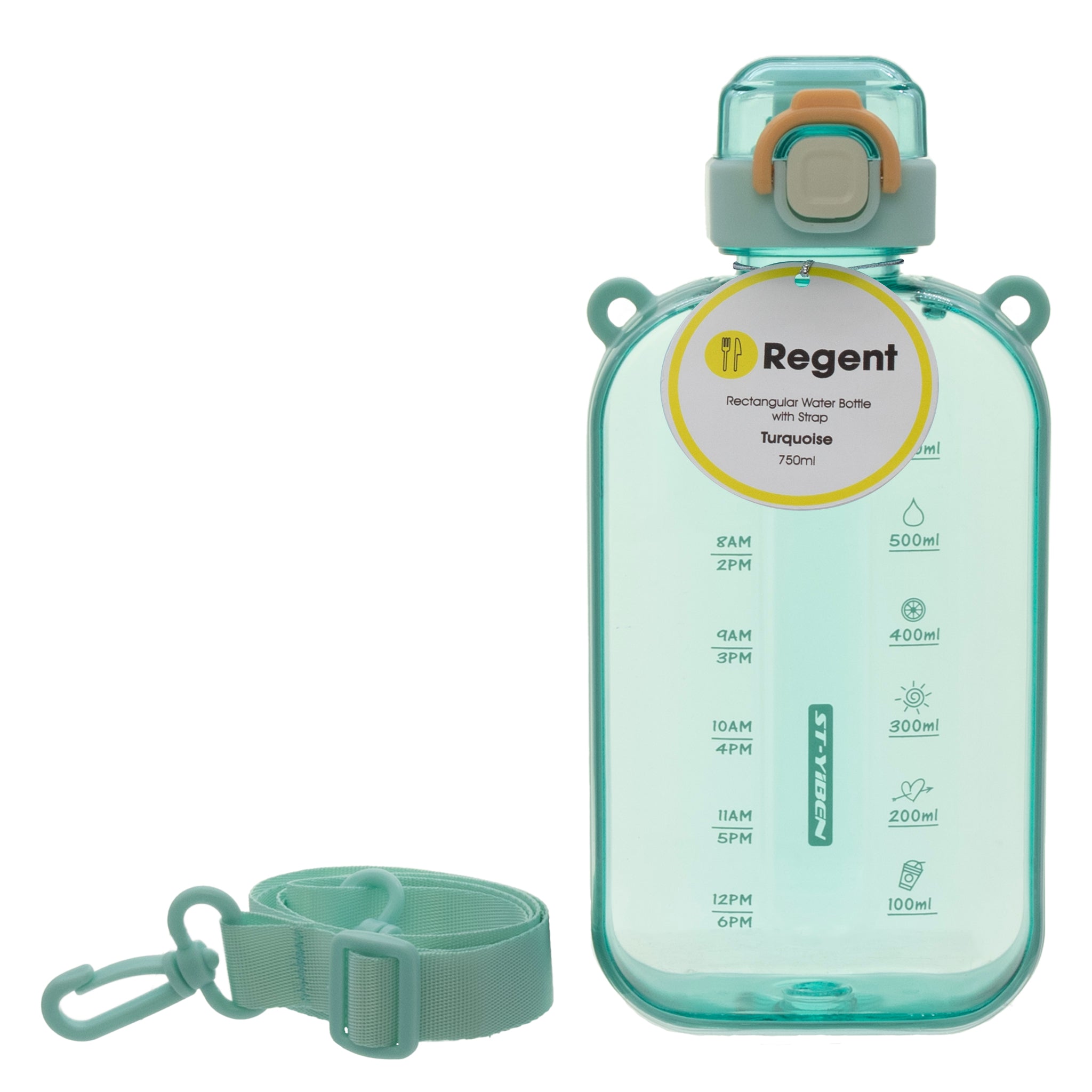 REGENT RECTANGULAR TRANSPARENT WATER BOTTLE PLASTIC WITH STRAP TURQUOISE, 750ML