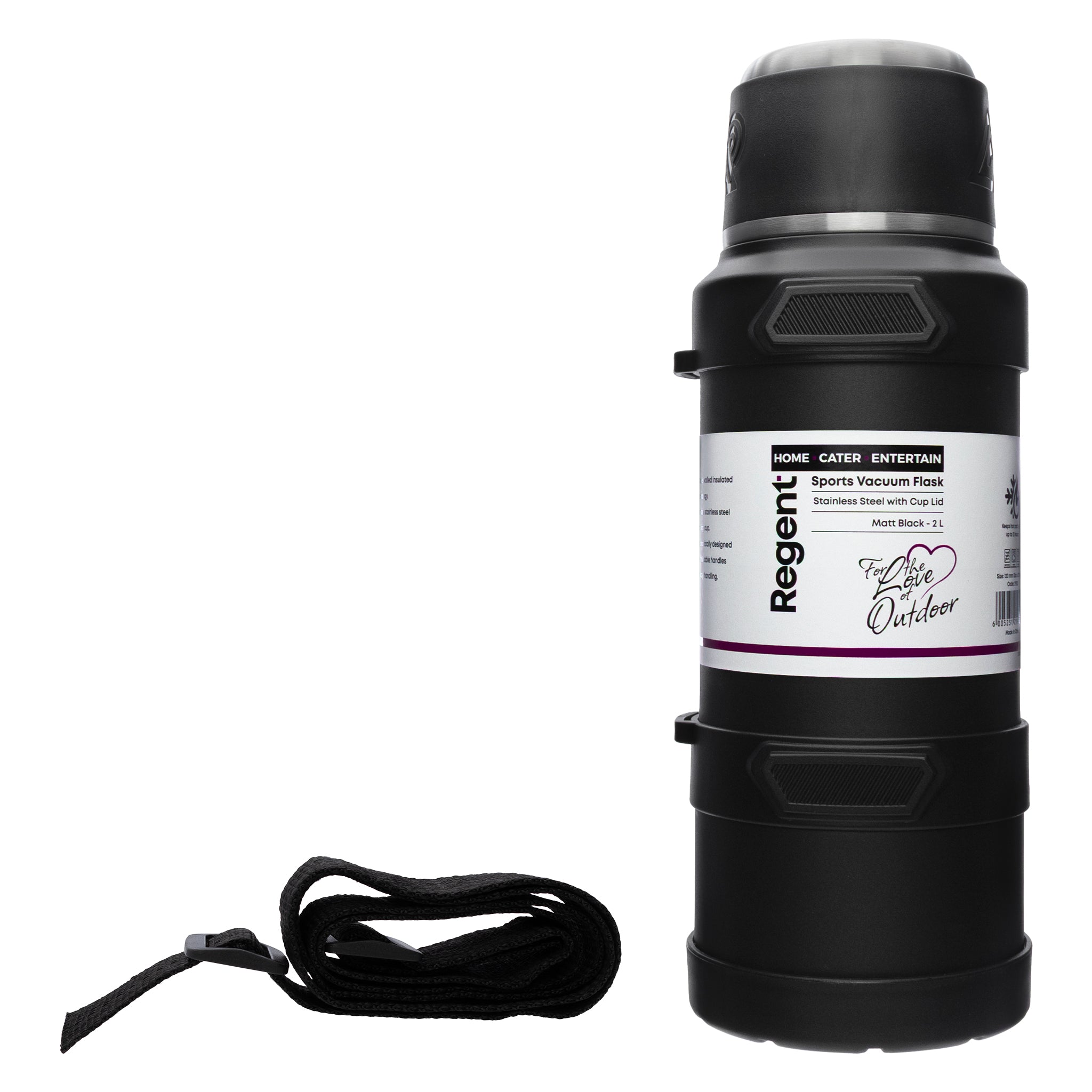 REGENT LARGE VACUUM FLASK STAINLESS STEEL WITH CUP LID MATT BLACK, 2L