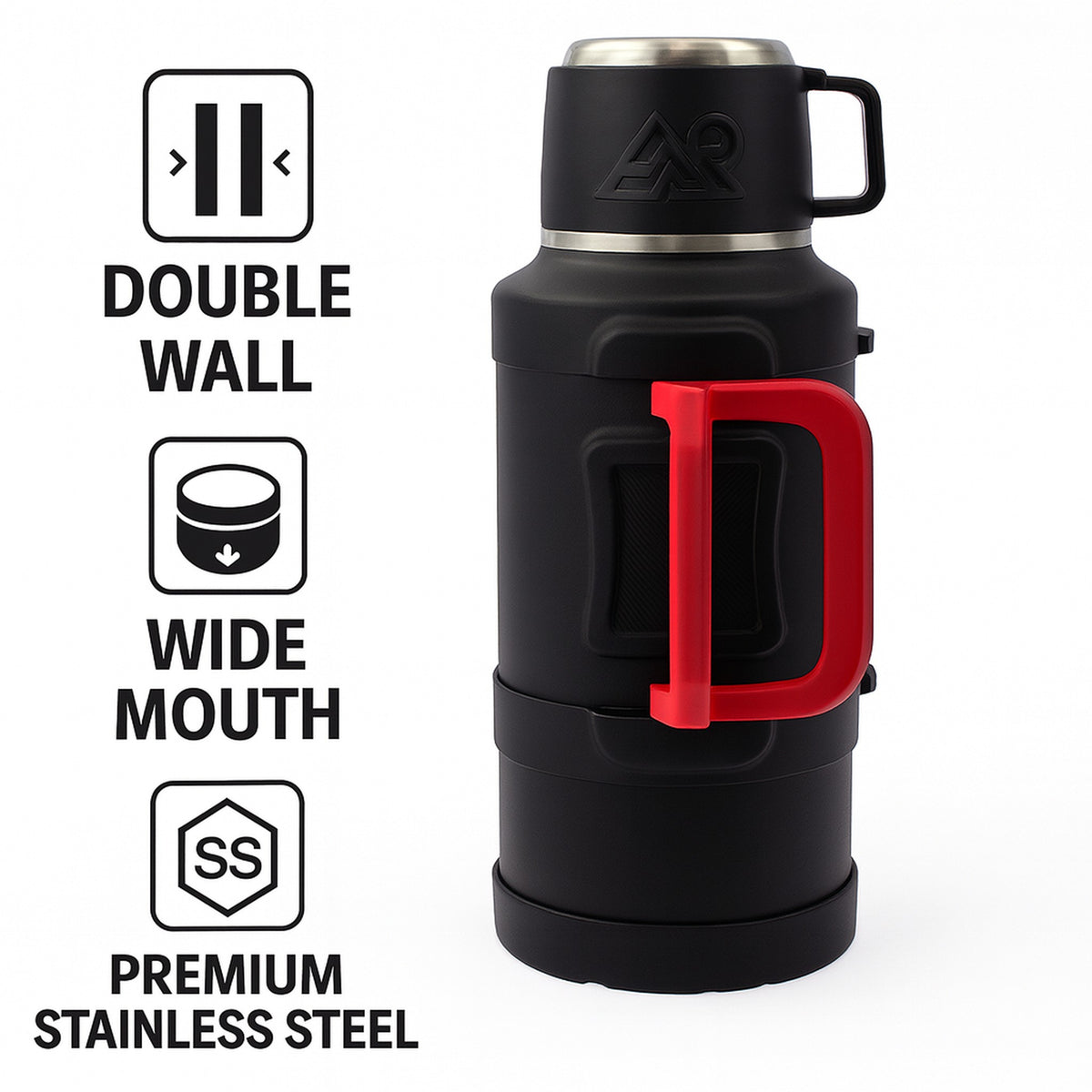 REGENT LARGE VACUUM FLASK STAINLESS STEEL WITH CUP LID MATT BLACK, 3.2L