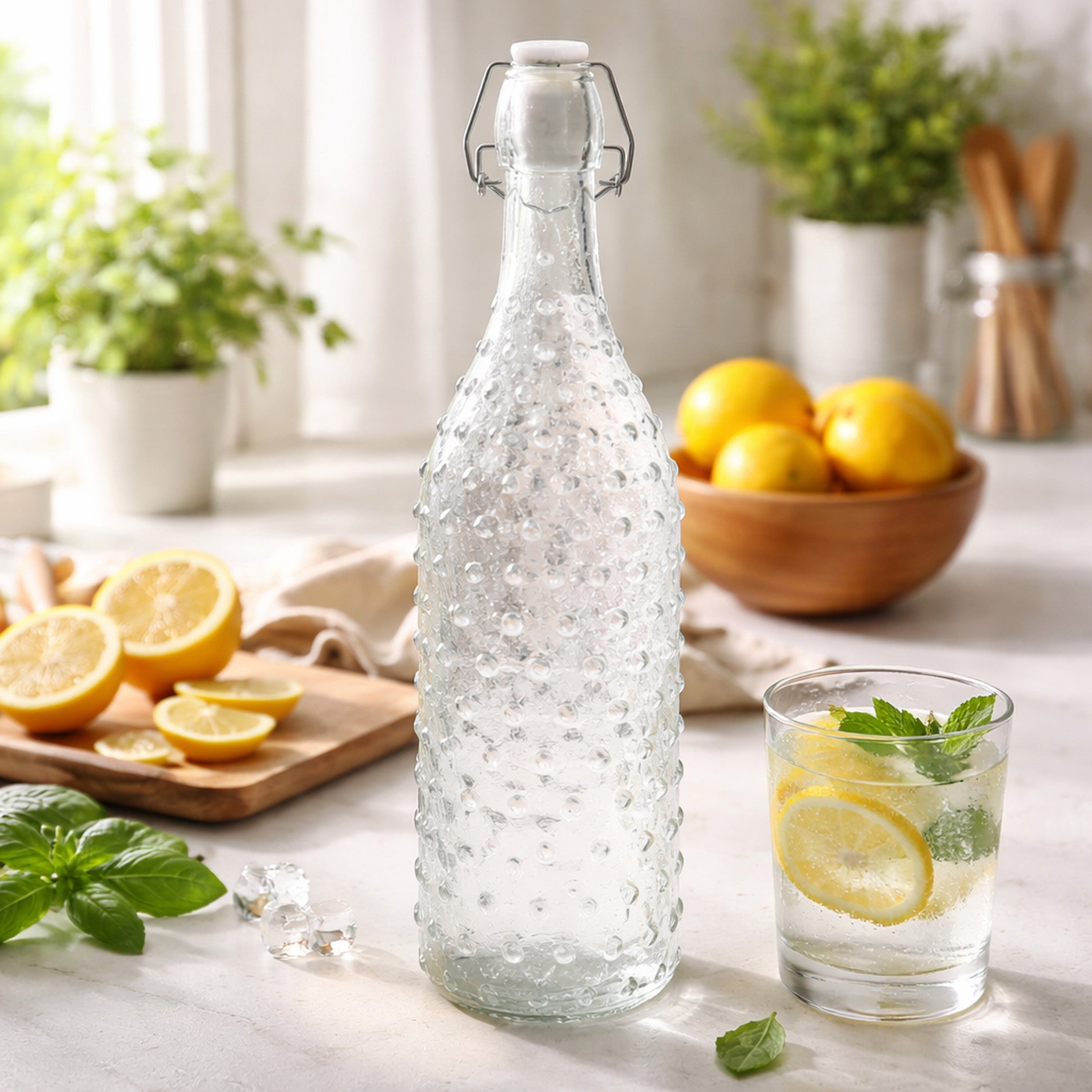 REGENT GLASS HOBNAIL BOTTLE WITH CLIP TOP LID, 1L